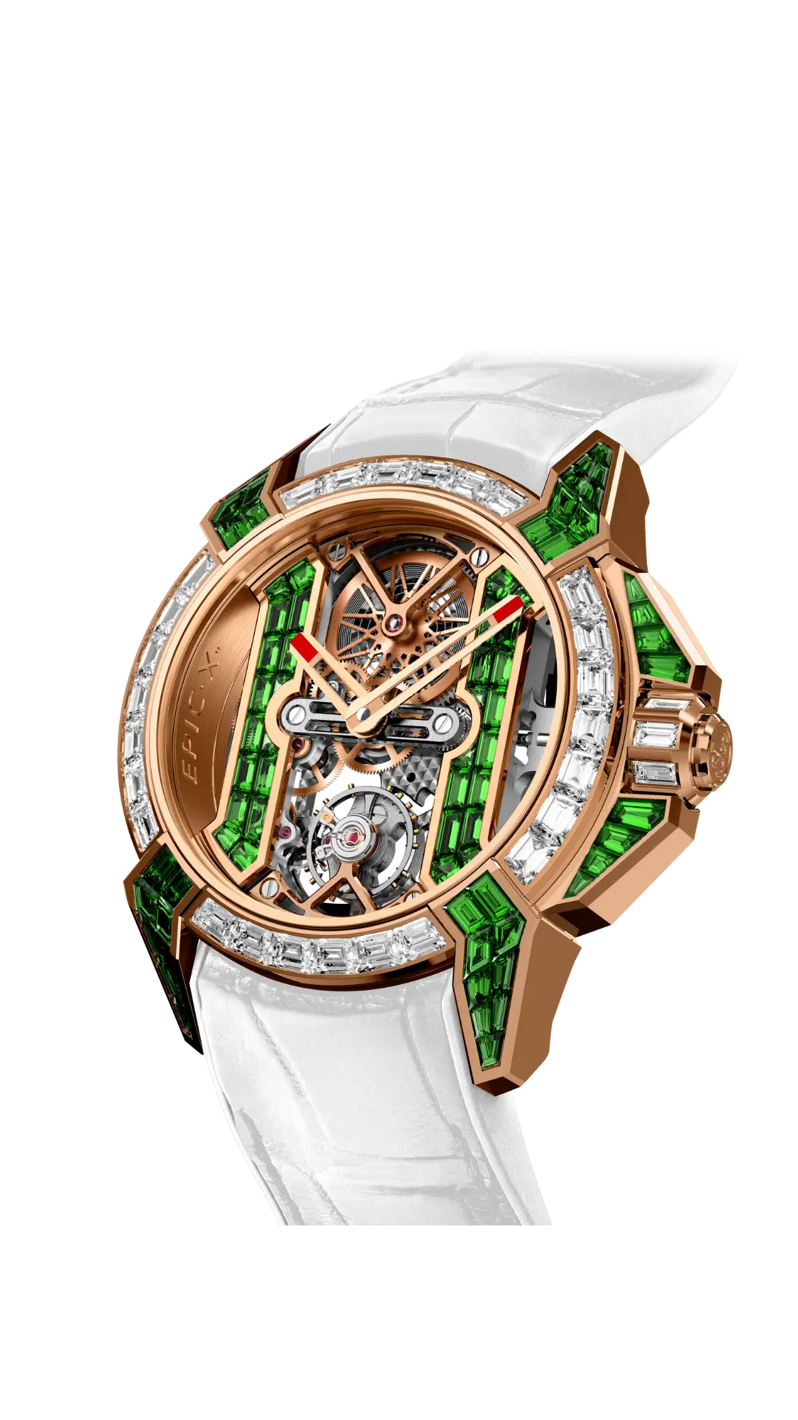 the epic x tourbillon baguette in rose gold. the bezel is adorned with white diamonds, while the lugs and crowns are decorated with tsavorites