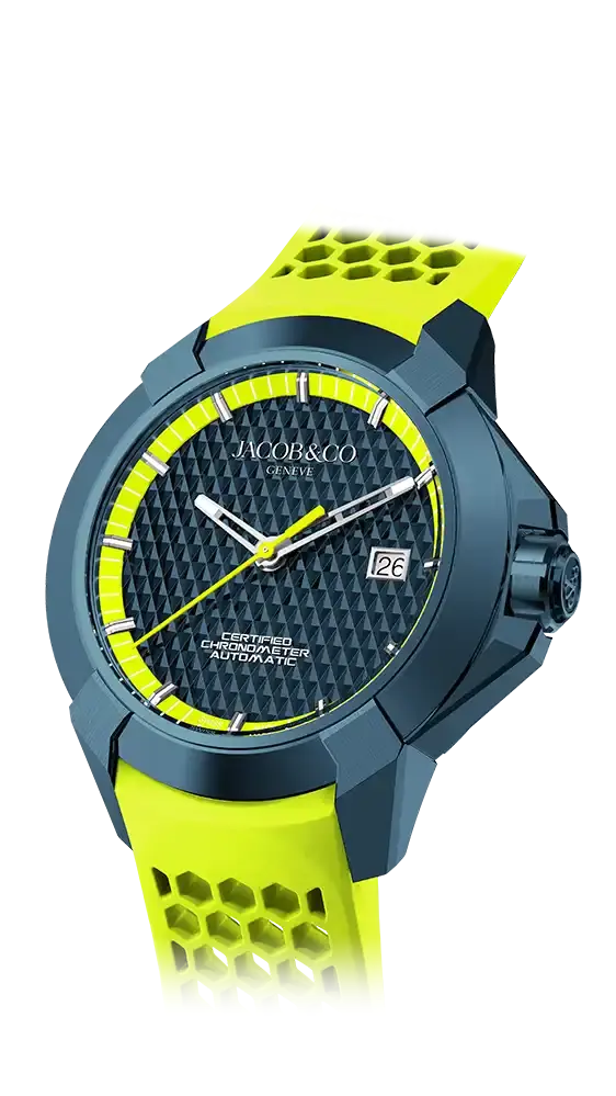 the epic x sport, in blue pvd steel, featuring a blue pvd triangle dial and a neon yellow inner ring