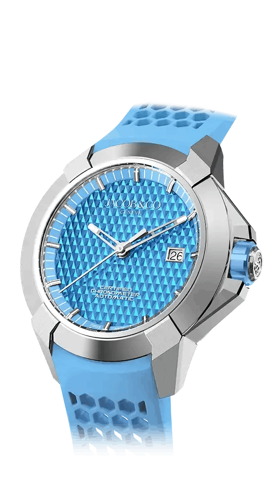 the epic x sport, in steel, featuring an electric blue dial