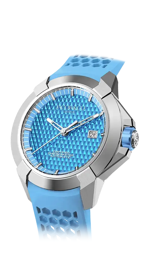 the epic x sport, in steel, featuring an electric blue dial