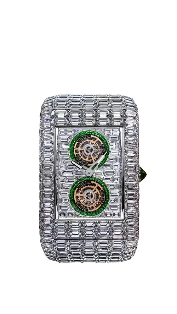the billionaire double tourbillon, with a tsavorite setting surrounding the tourbillon