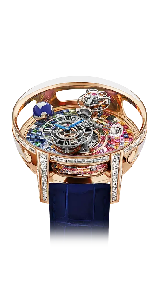 the astronomia tourbillon baguette in rose gold. the bezel and lugs are gem-set with white diamonds. the platform base is gem-set with arlequino sapphires.
