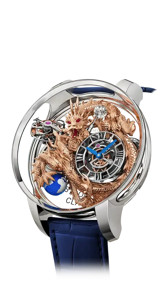 the astronomia dragon in white gold. a rose gold dragon flots in a watch case that is enveloped by sapphire crystal.
