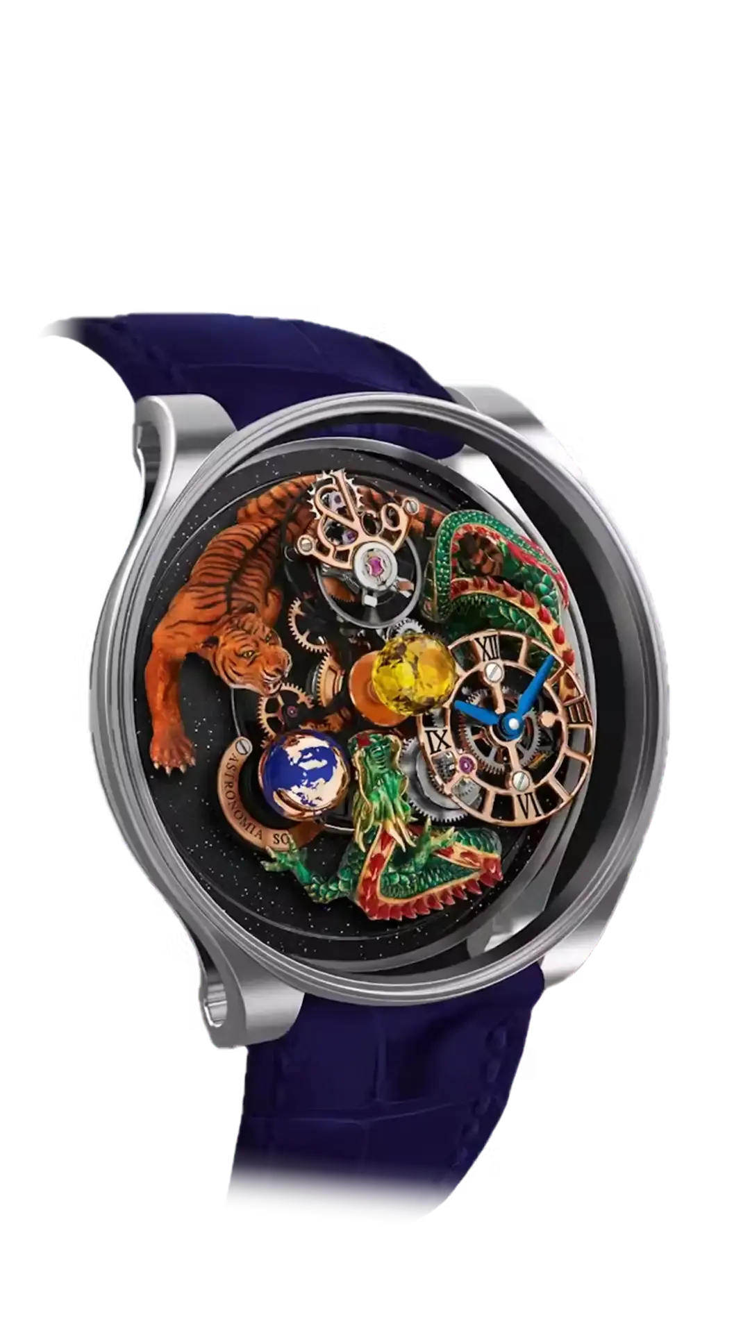 the astronomia dragon in white gold. above a black platform base sits a tiger and a green dragon, circling a central citrine sphere.