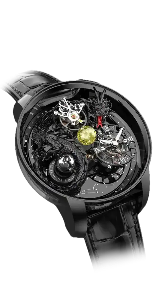 the astronomia dragon in black. the dragon and celestial platform base are black. in the center of the watch is a citrine sphere.