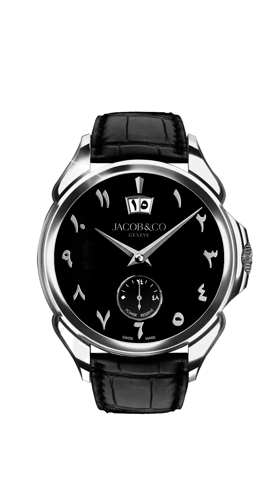 the steel palatial, with black dial and arabic hour markers