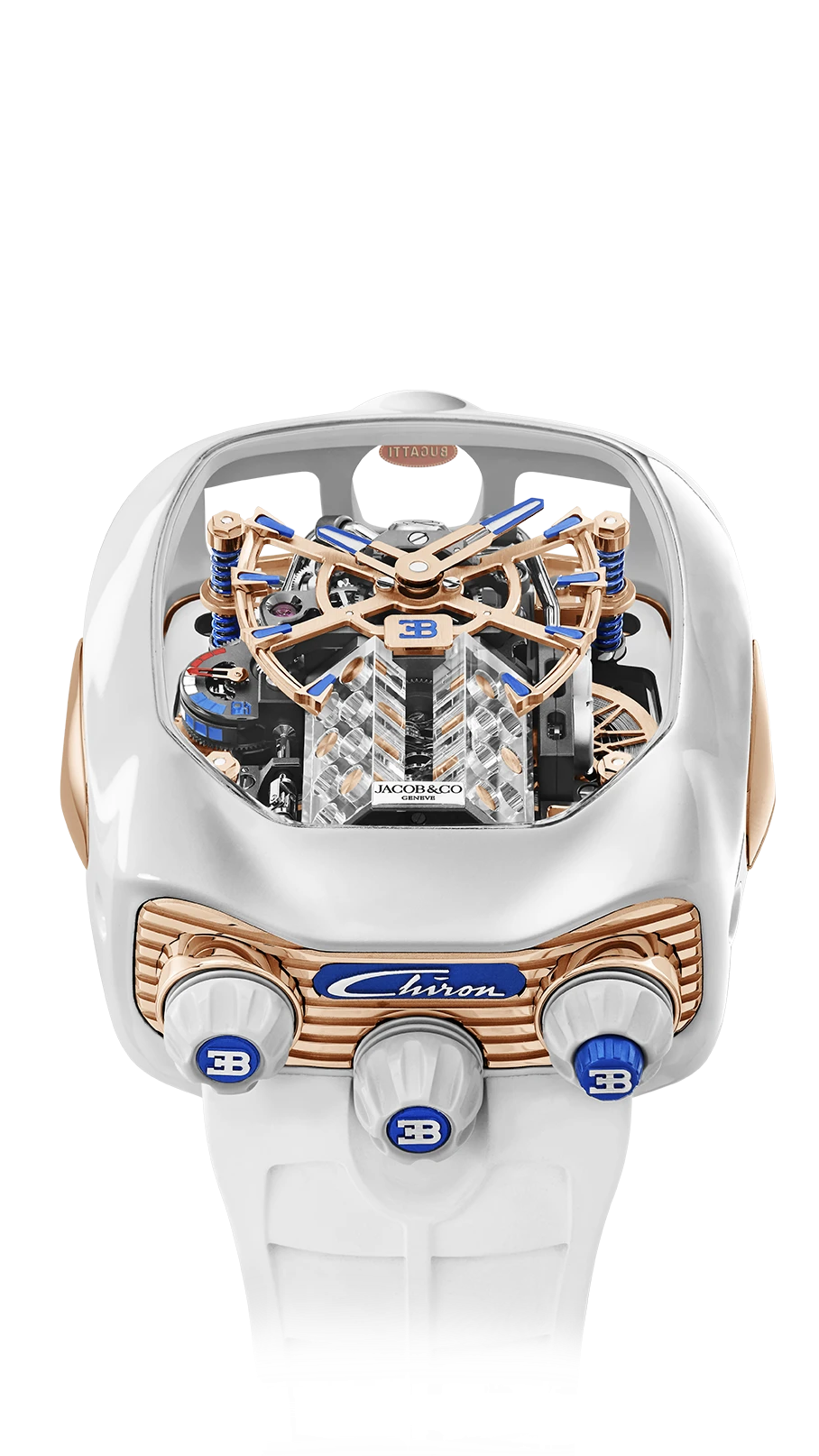 the bugatti chiron tourbillon in white ceramic, featuring a rose gold backplate.