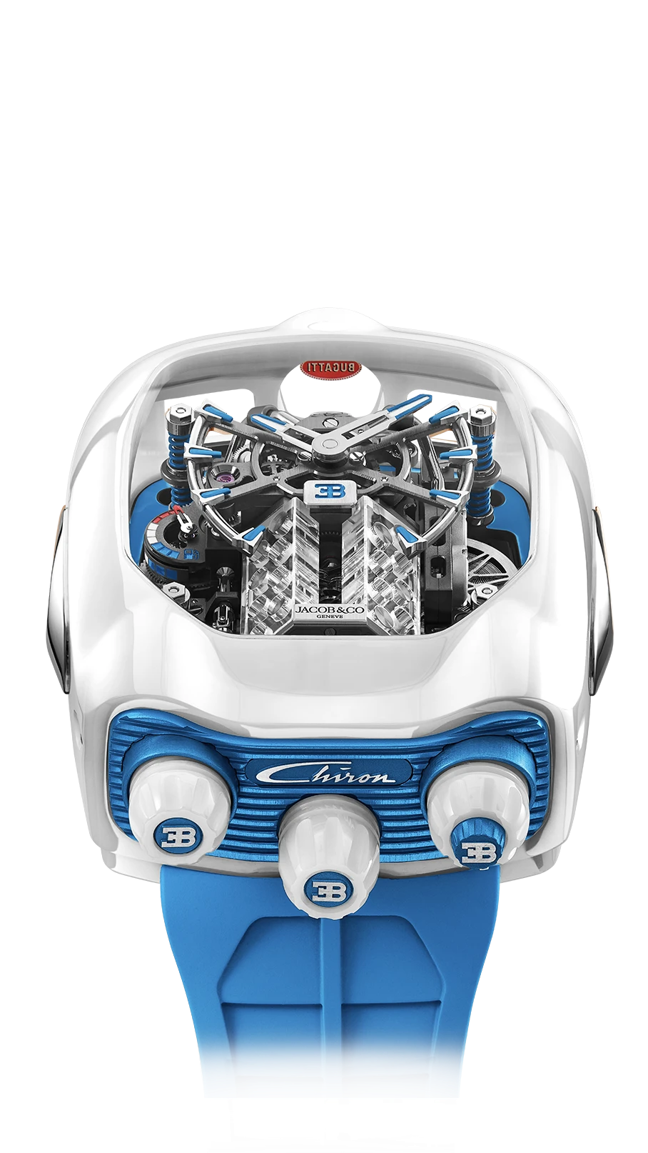 the bugatti chiron tourbillon in white ceramic, with an electric blue backplate