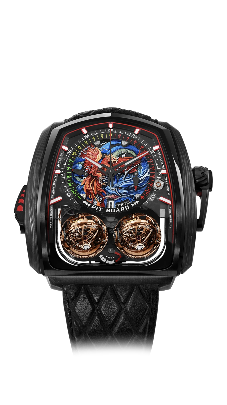 the twin turbo furious in black titanium. the dial features a dragon and a phoenix