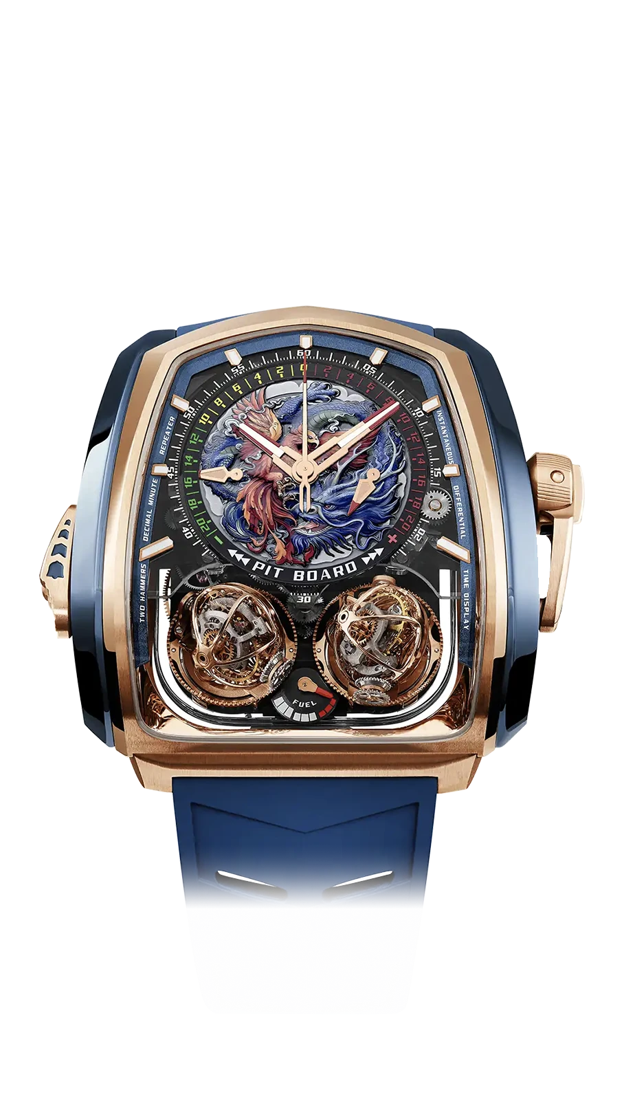 the twin turbo furious in rose gold & blue titanium. the dial features a dragon and a phoenix