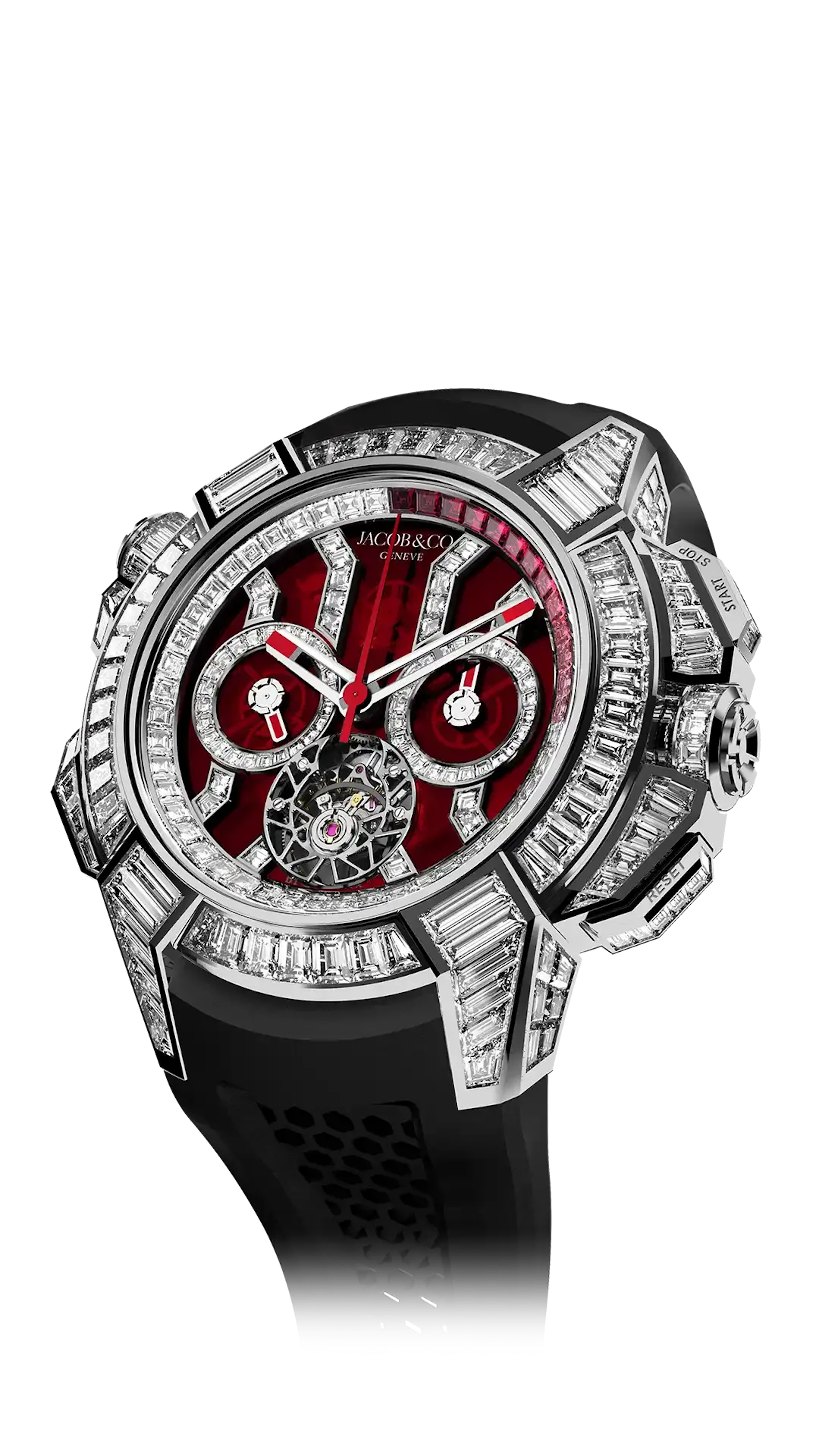The white gold Epic X Chrono Tourbillon Baguette with red mineral crystal, set with diamonds all throughout the case.