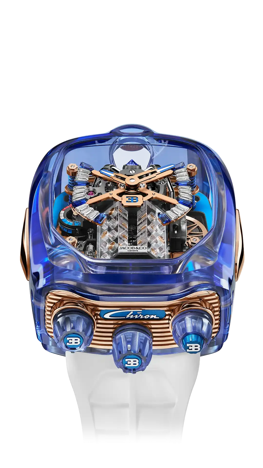 the bugatti chiron sapphire crystal in blue, with a rose gold backplate and skeleton dial. the skeleton dial is gem-set with diamonds and blue sapphires.
