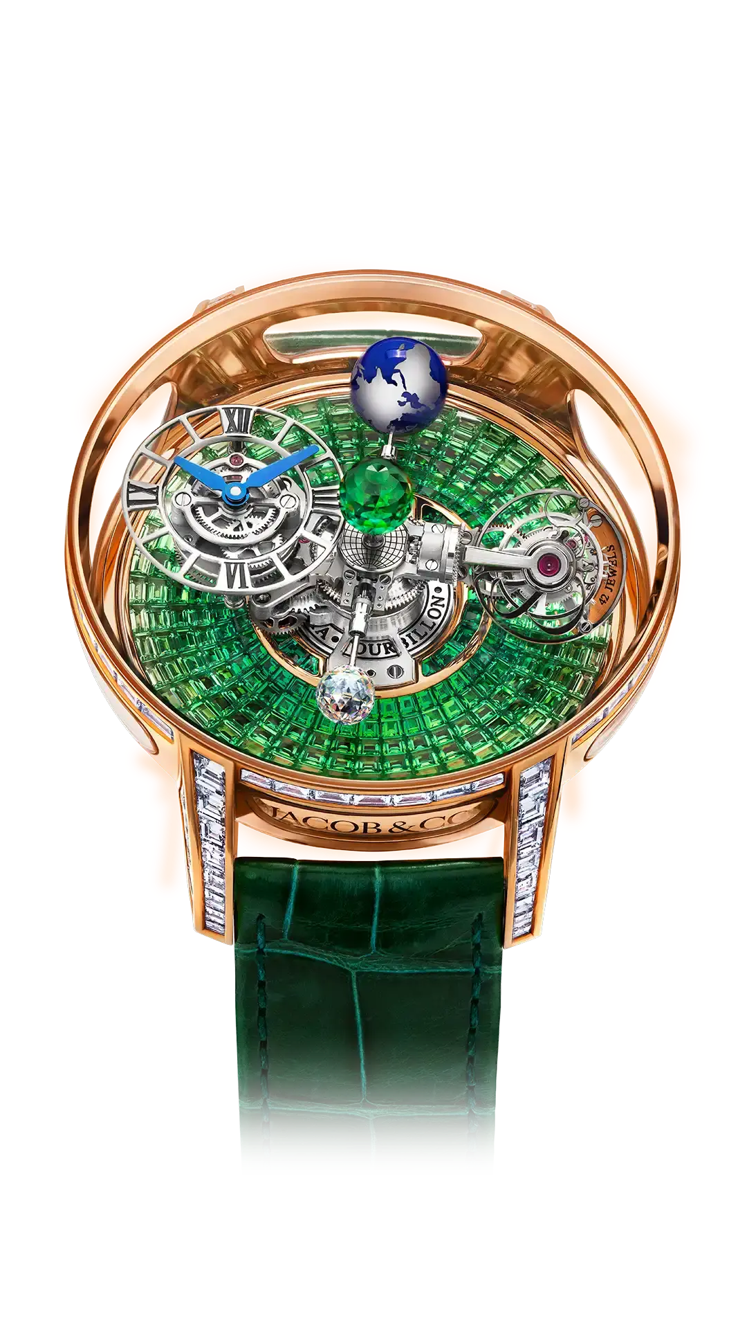 the astronomia tourbillon baguette in rose gold, with a tsavorite degrade platform base