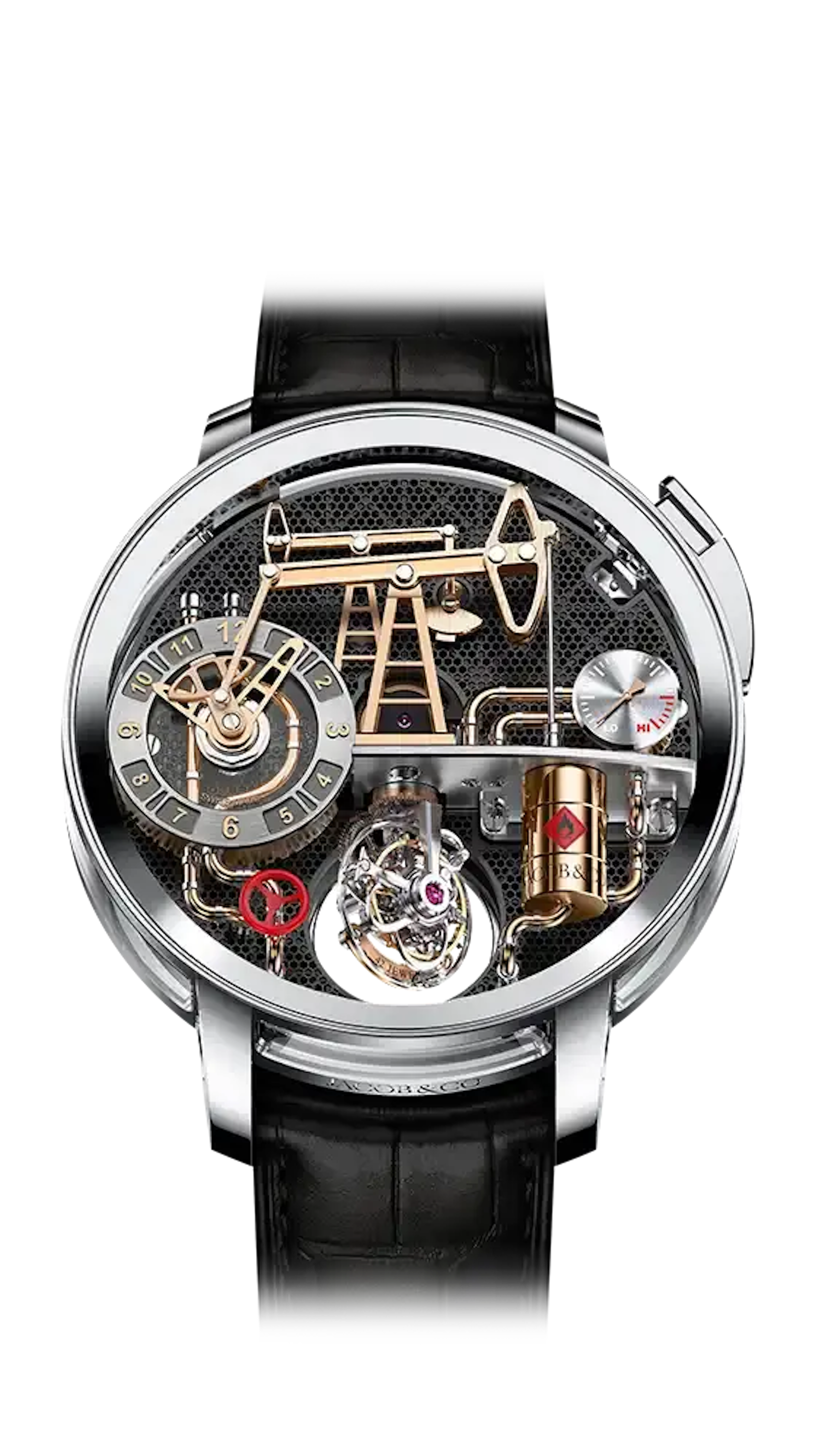 The white gold Oil Pump watch, with rose gold-plated details and red accents.