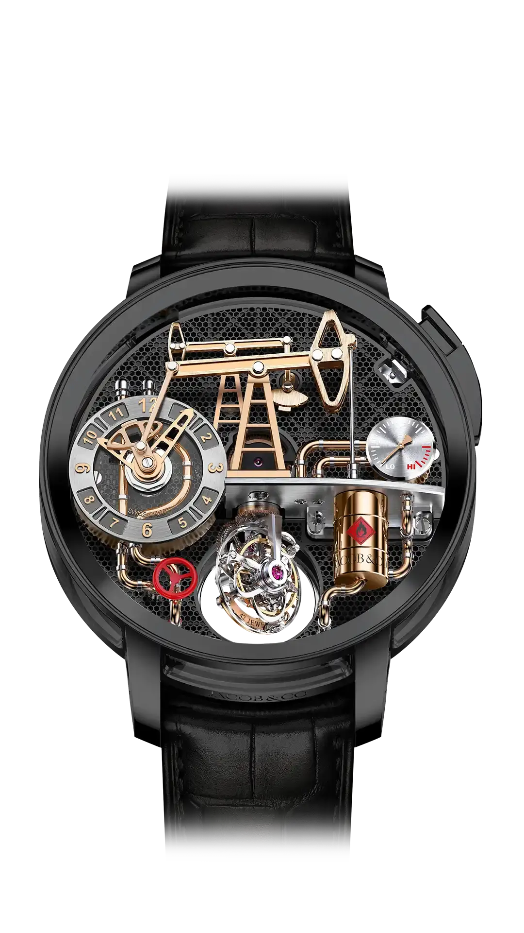 The black titanium Oil Pump watch, with rose gold-plated details