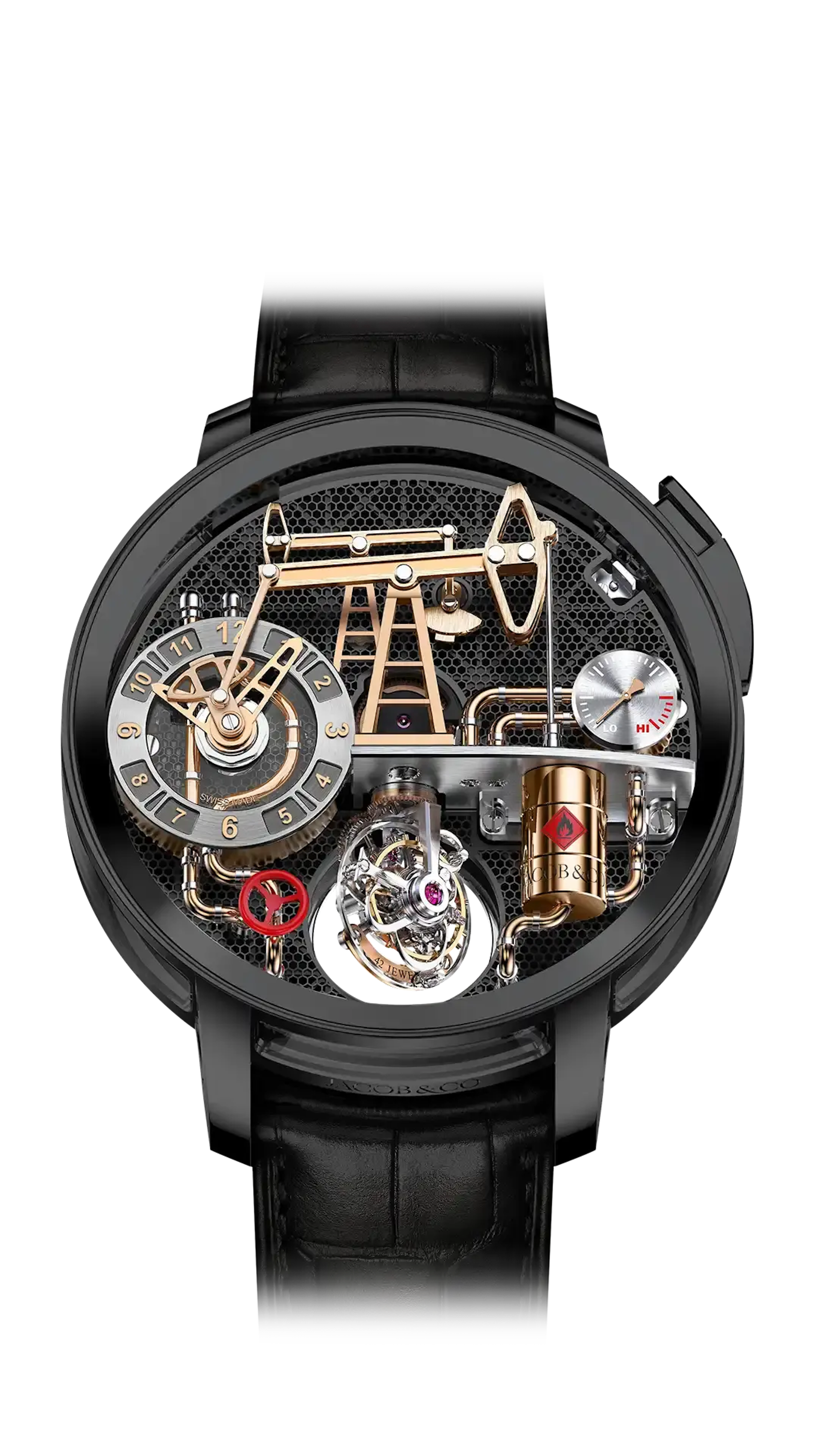 The black titanium Oil Pump watch, with rose gold-plated details