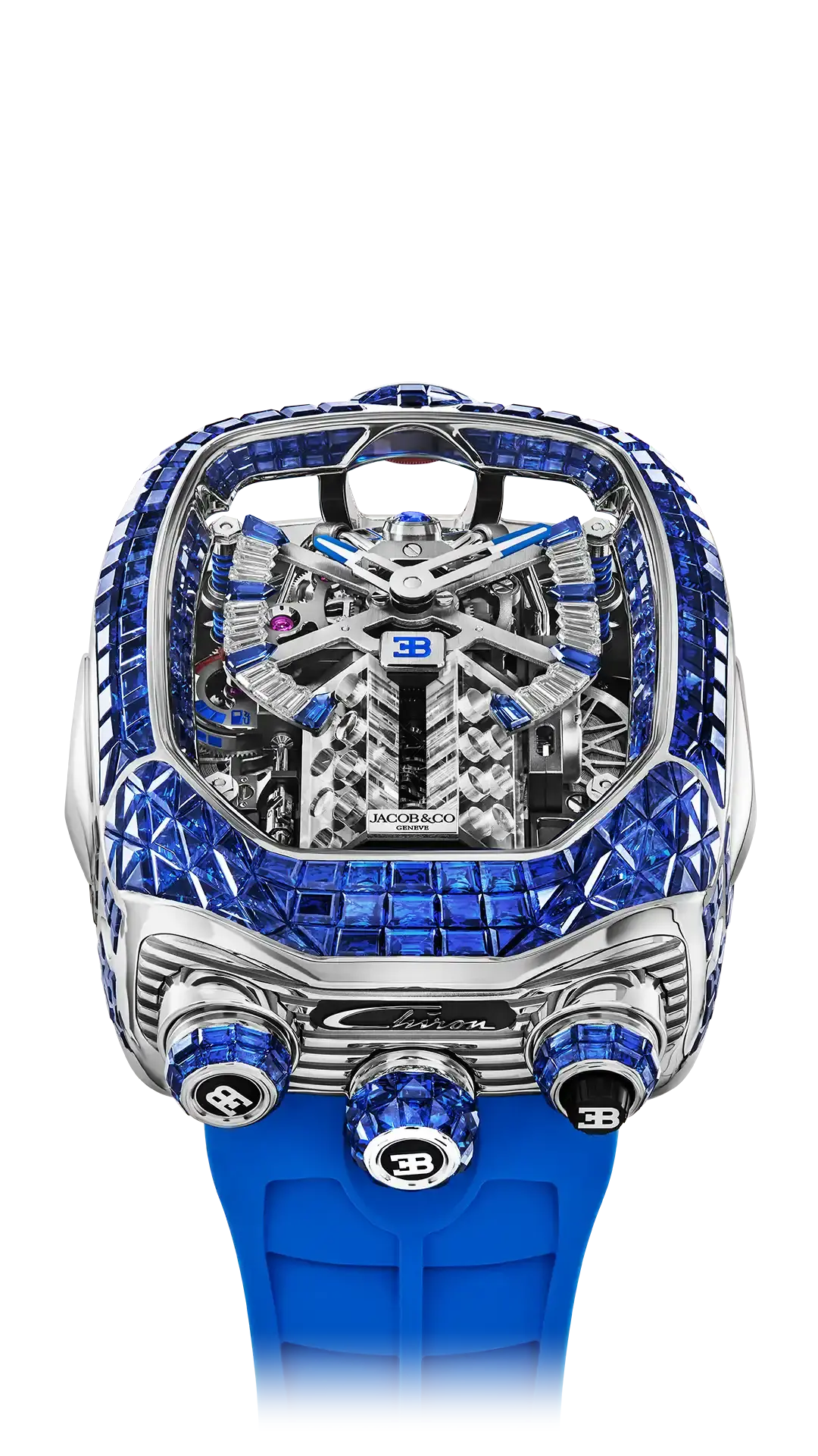 the bugatti chiron tourbillon in white gold, case gem-set with blue sapphires, and dial-set with white diamonds and blue sapphires