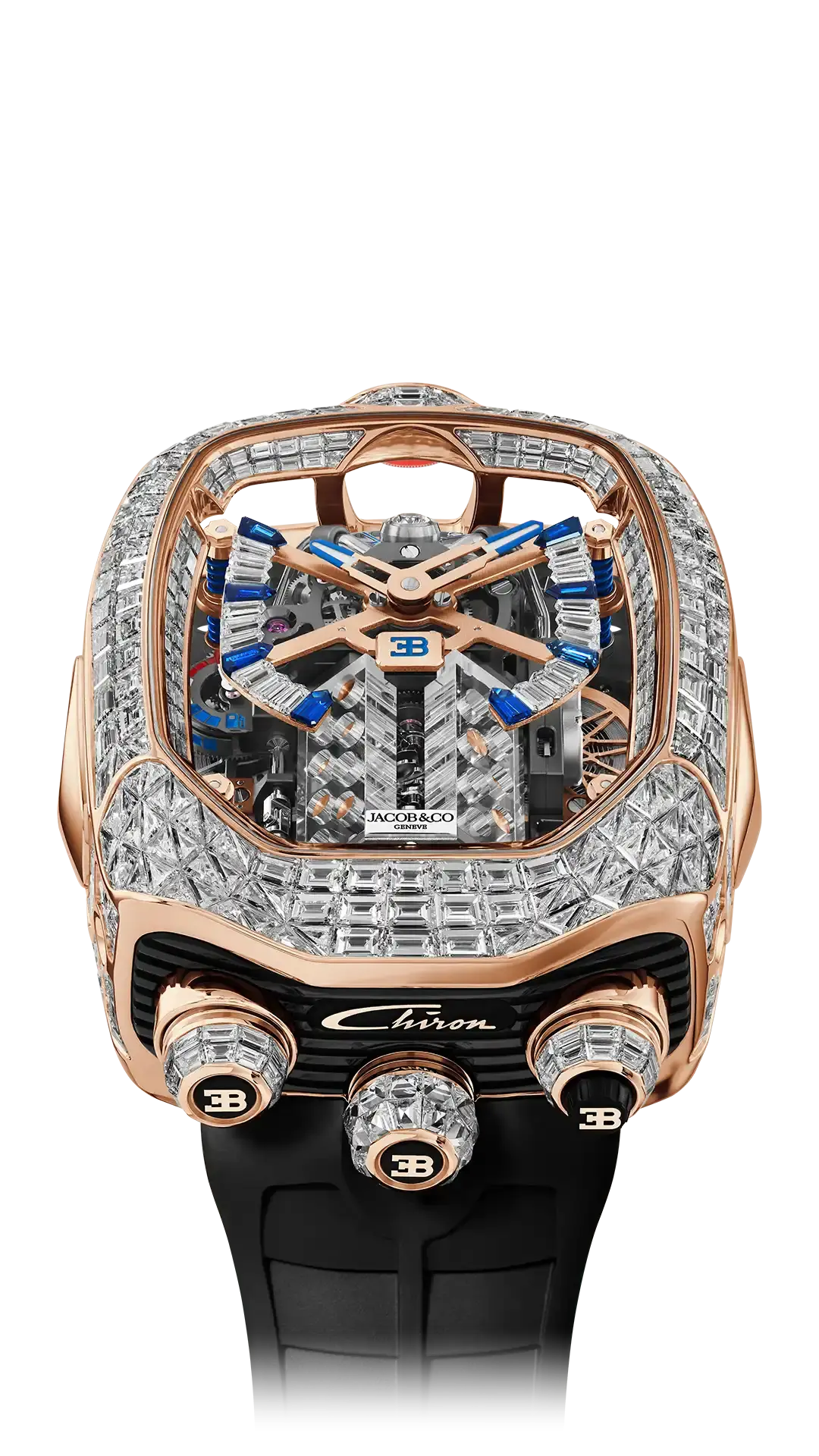 the rose gold bugatti chiron tourbillon baguette, set with white diamonds on the case and diamonds with blue sapphires set in the dial.