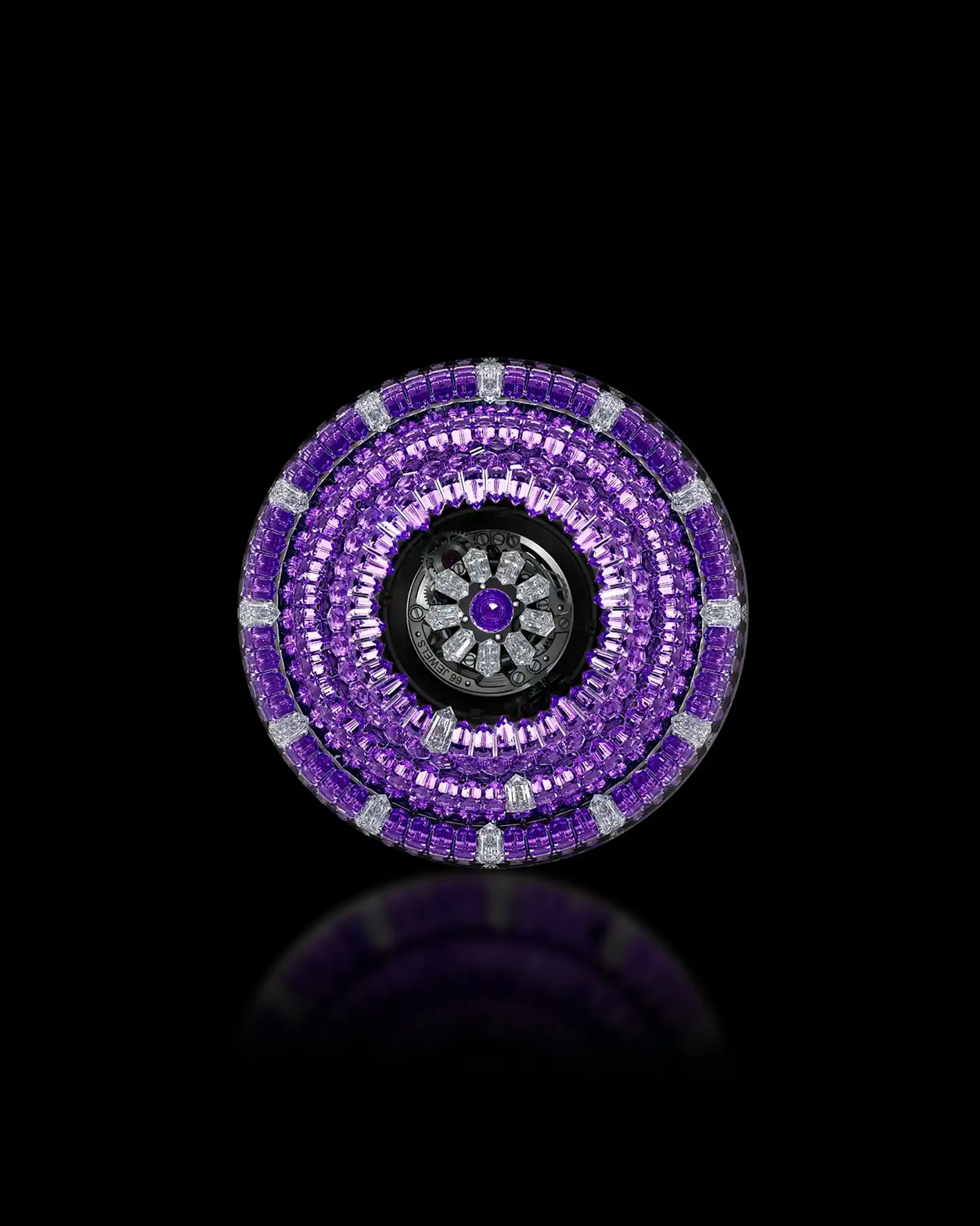 the front movement of the mystery 44mm watch, in amethyst.