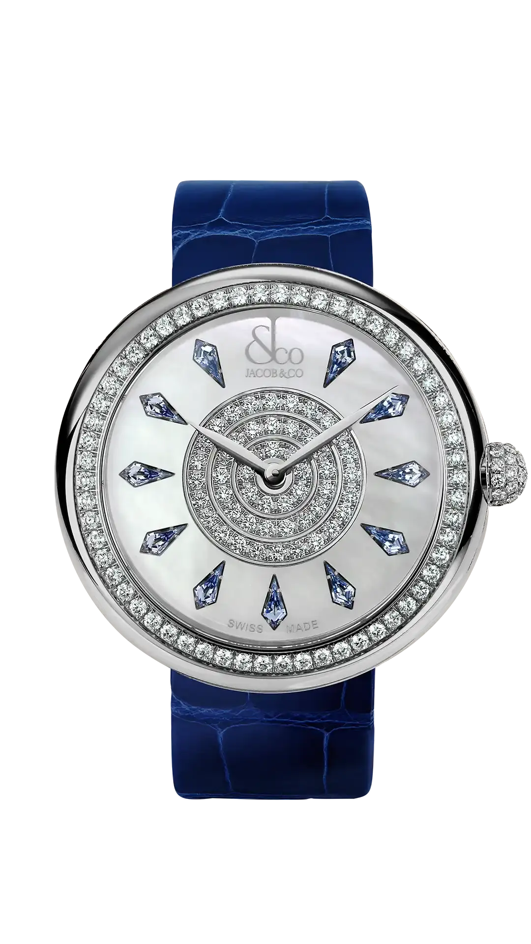 the brilliant icy blue sapphire in steel, with 11 icy blue sapphire hour markers and white diamonds.
