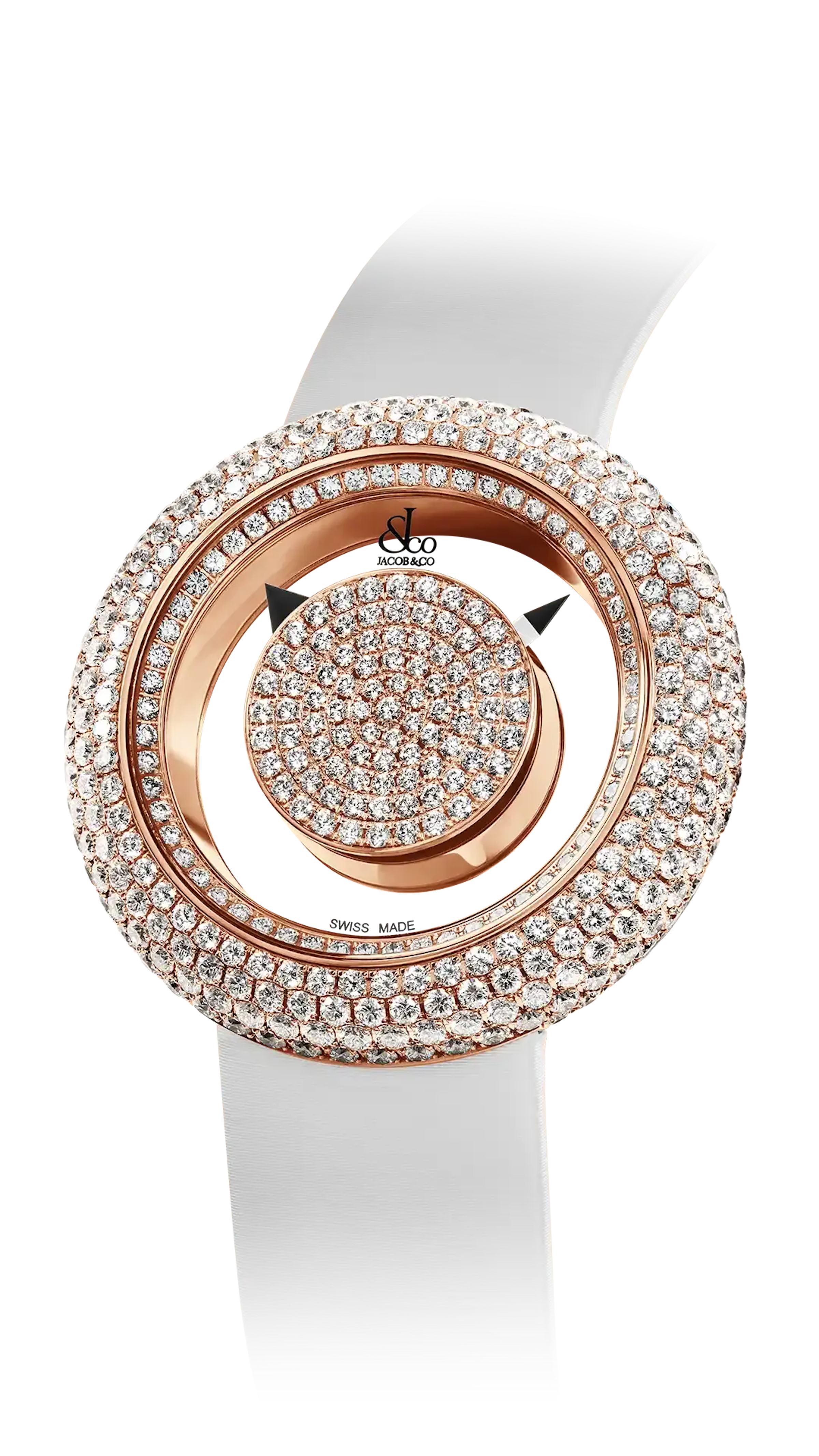 The 38-millimeter rose gold Brilliant Mystery Pave Diamonds, with a diamond-set dial and bezel
