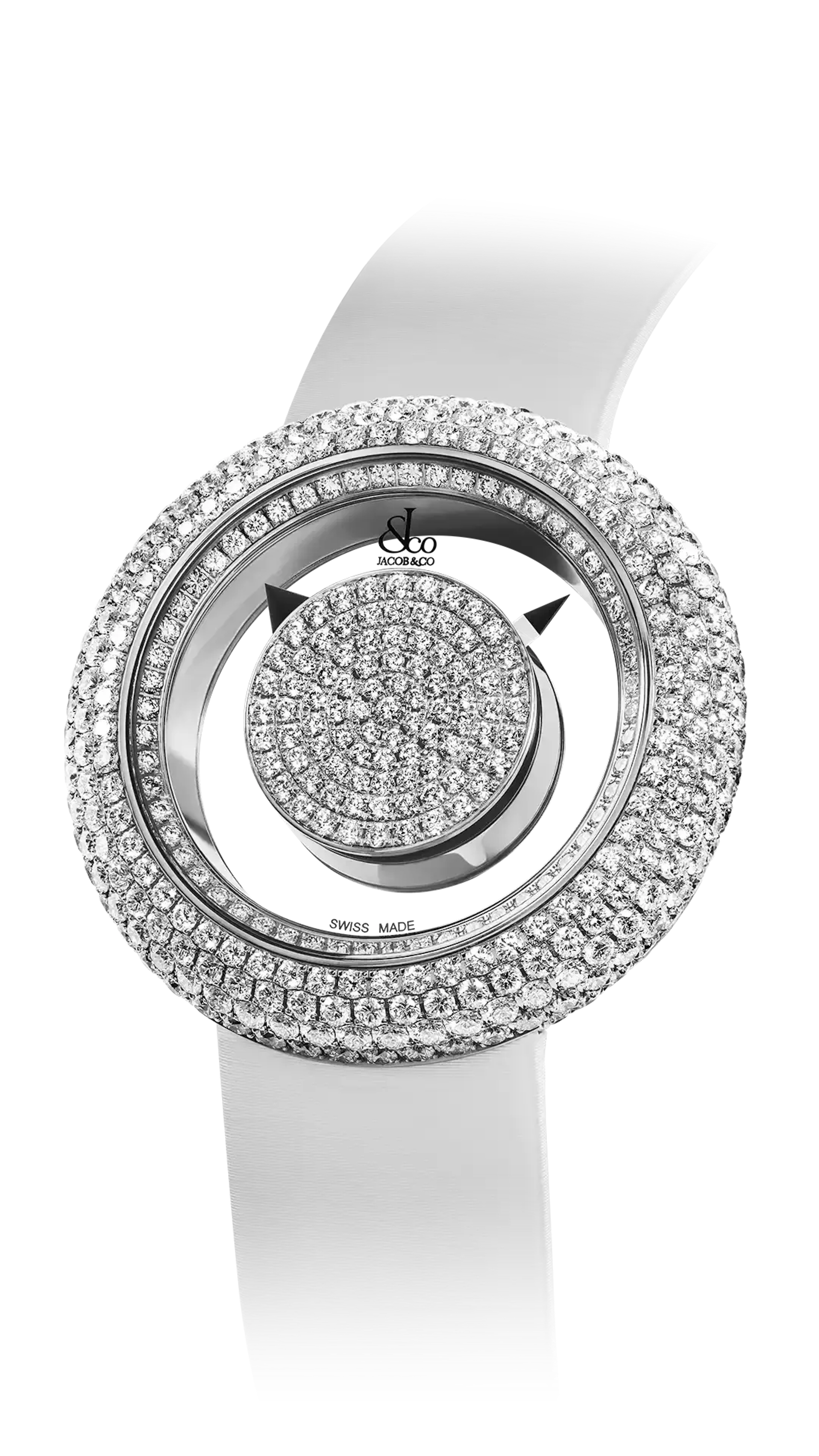 The 38-millimeter white gold Brilliant Mystery Pave Diamonds, with a diamond-set dial and bezel