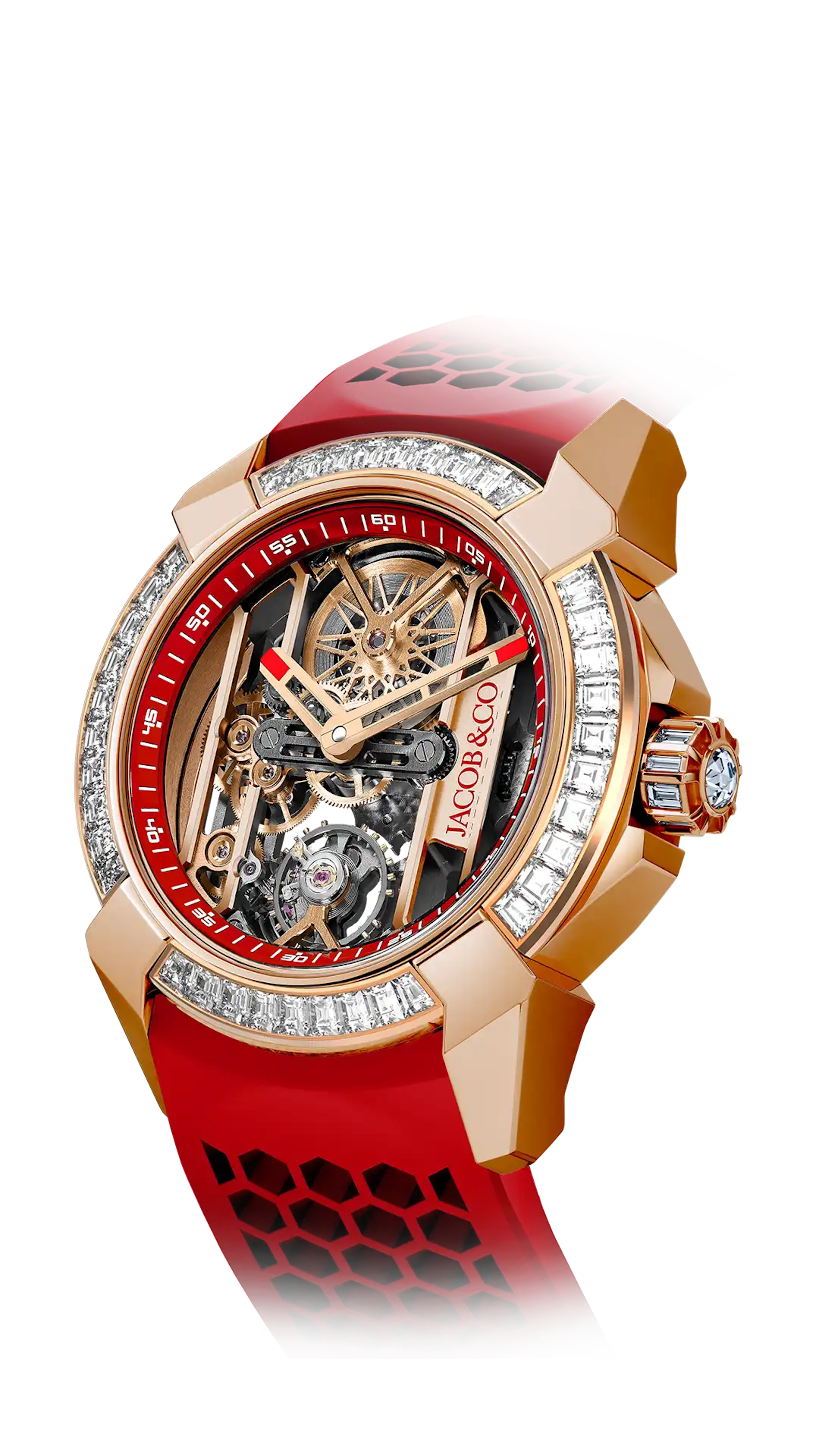 The rose gold Epic X Baguette in red, with a baguette-cut diamond-set bezel and crowns