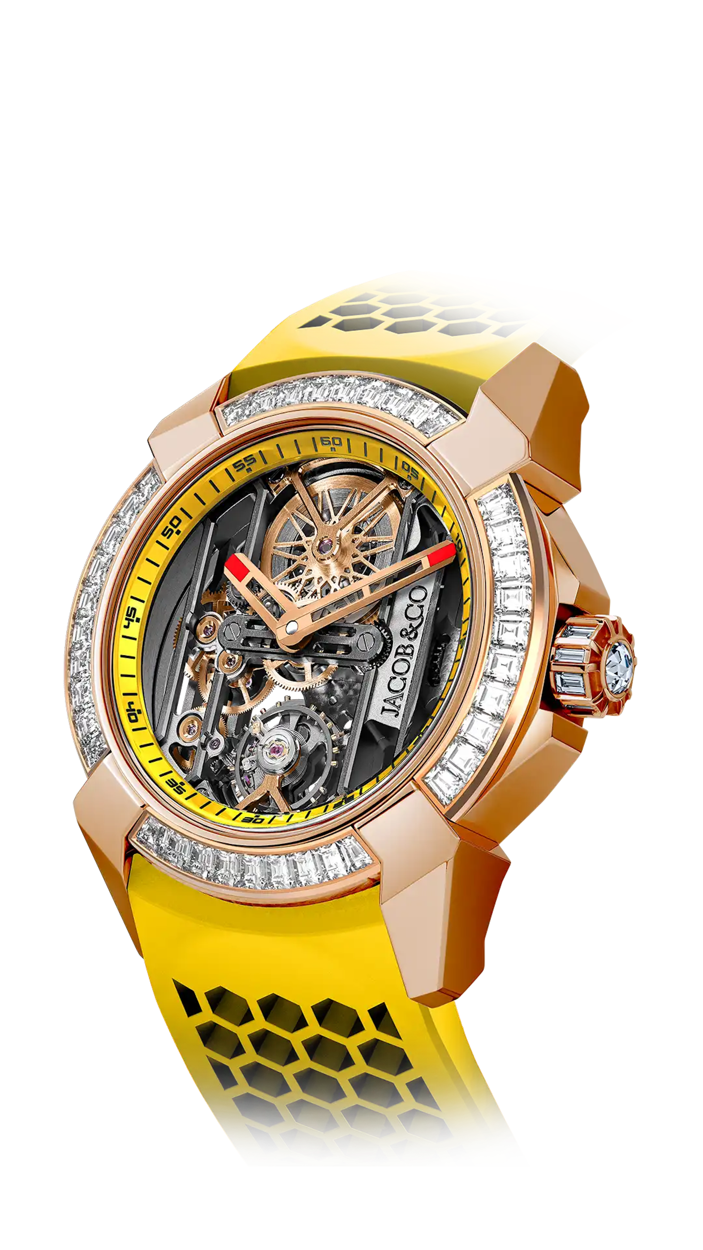 The rose gold Epic X Baguette in yellow, with a baguette-cut diamond-set bezel and crowns