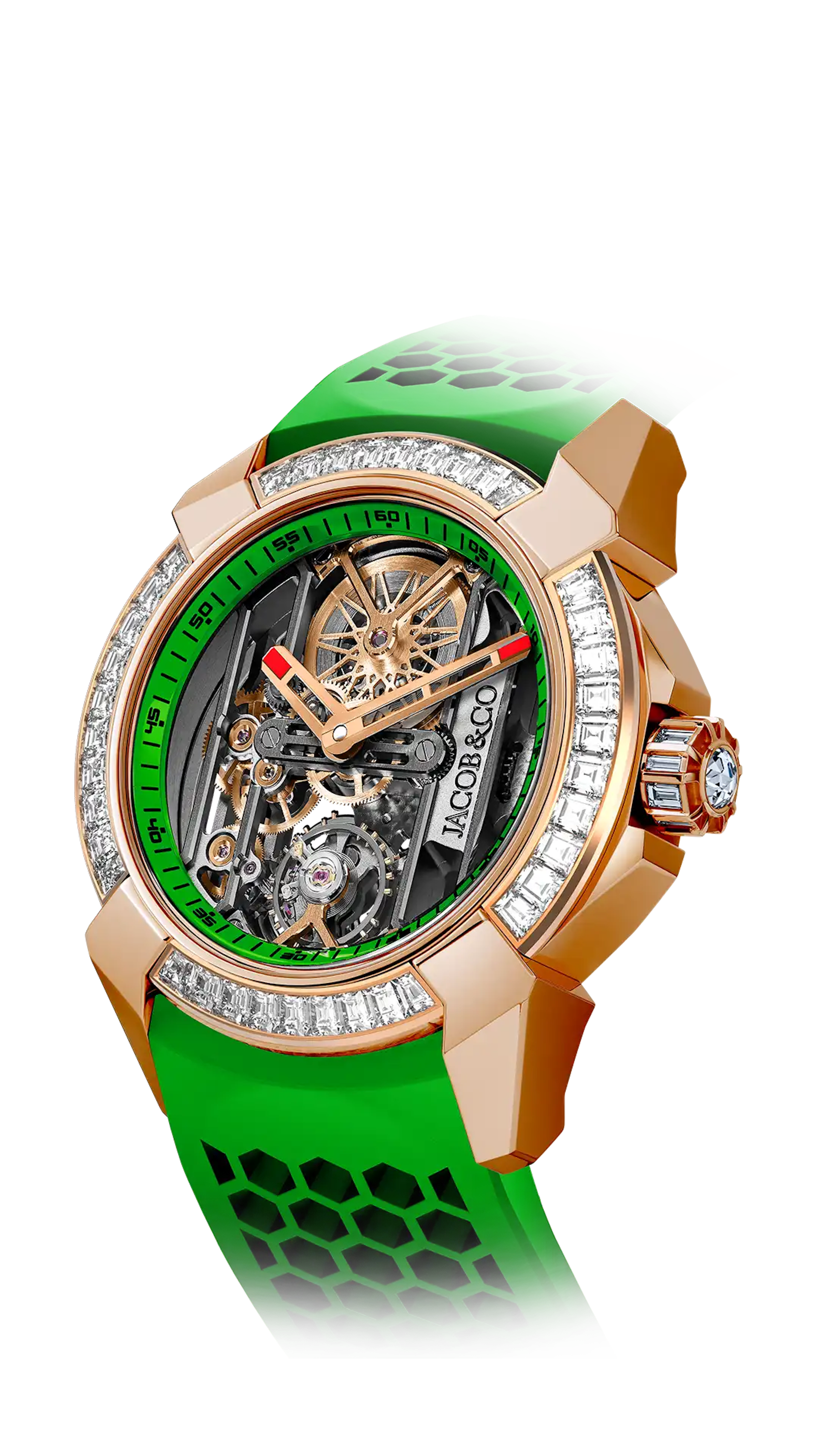 The rose gold Epic X Baguette in green, with a baguette-cut diamond-set bezel and crowns.
