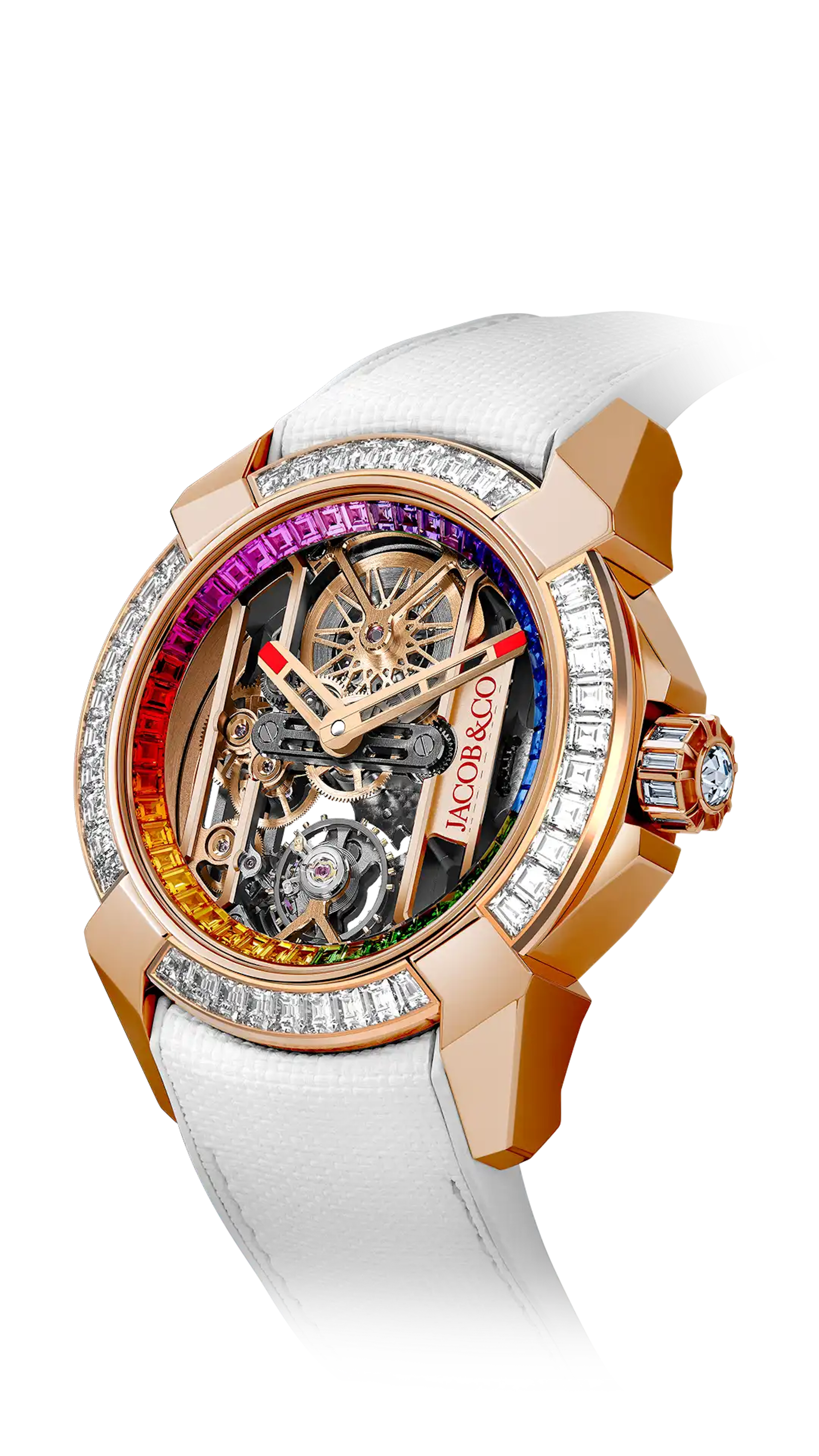 The rose gold Epic X Baguette, with a baguette-cut rainbow inner ring, and a baguette-cut diamond-set bezel.