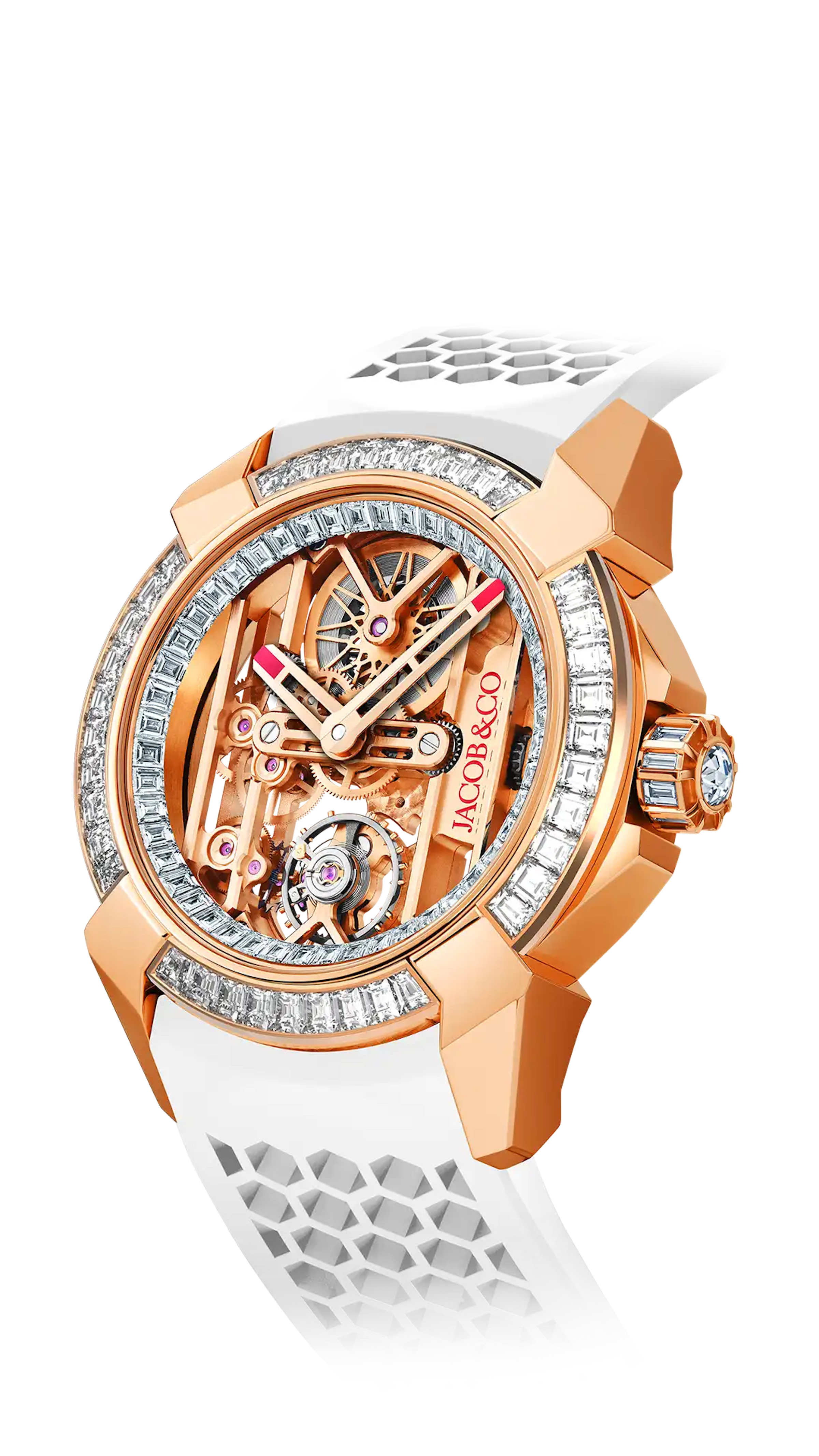 The rose gold Epic X Baguette, with a baguette-cut diamond-set bezel, inner ring, and crowns.