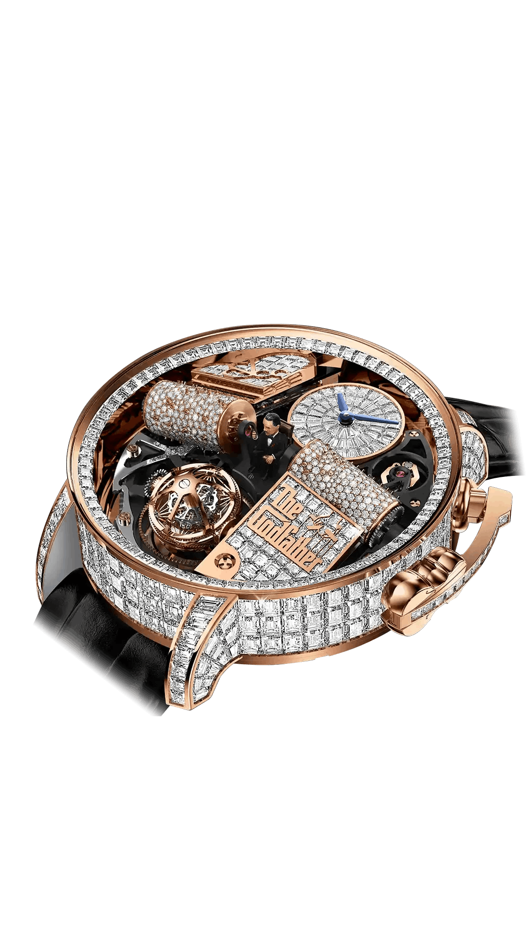 The rose gold Opera Godfather Baguette, surrounded with white diamonds across the case, lugs, and details.