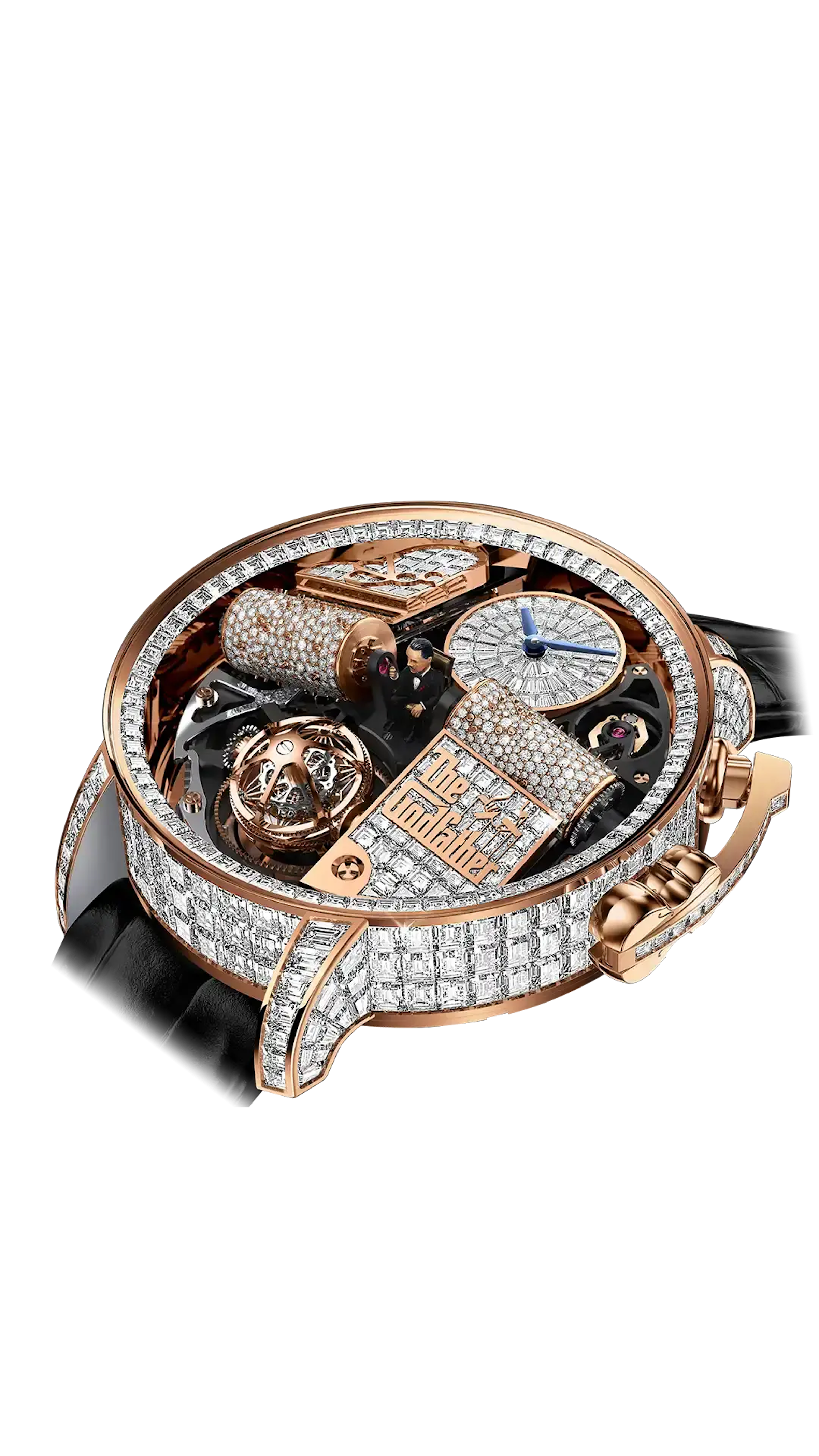 The rose gold Opera Godfather Baguette, surrounded with white diamonds across the case, lugs, and details.