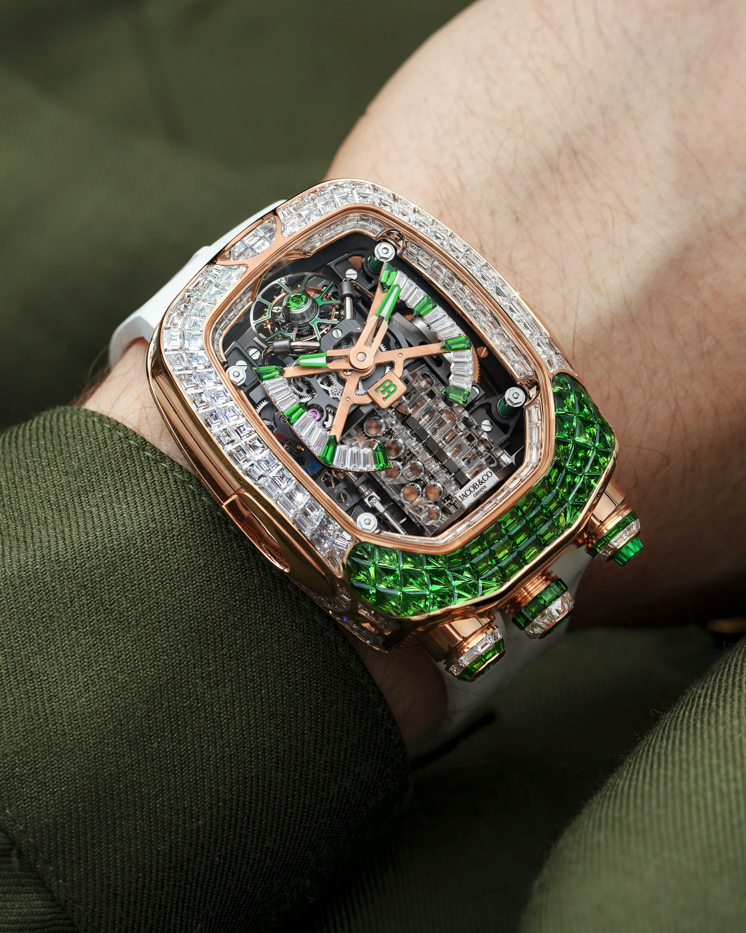 the Bugatti tourbillon baguette watch, worn on the left wrist