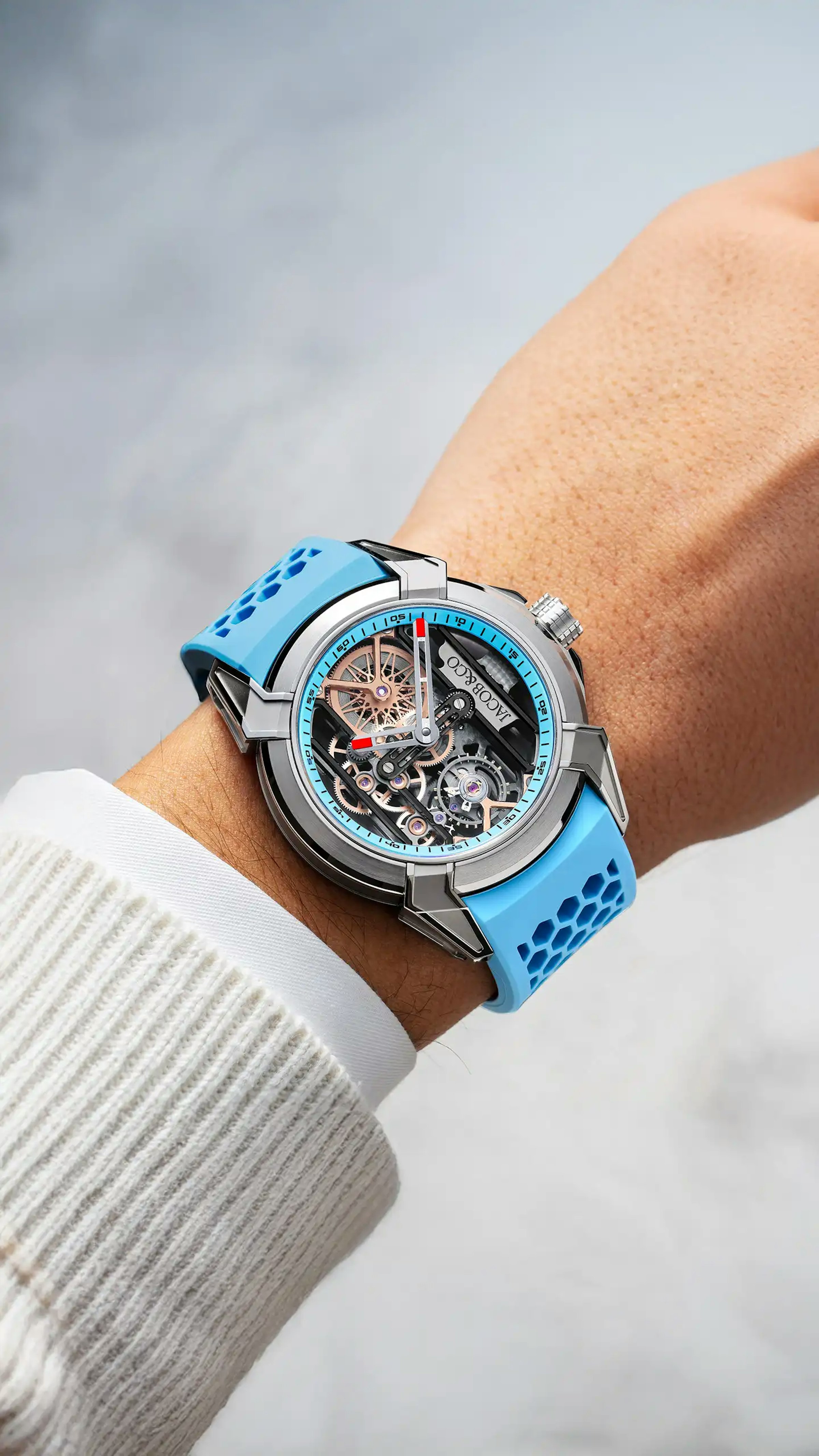 the electric blue epic x skeleton, worn on the left wrist