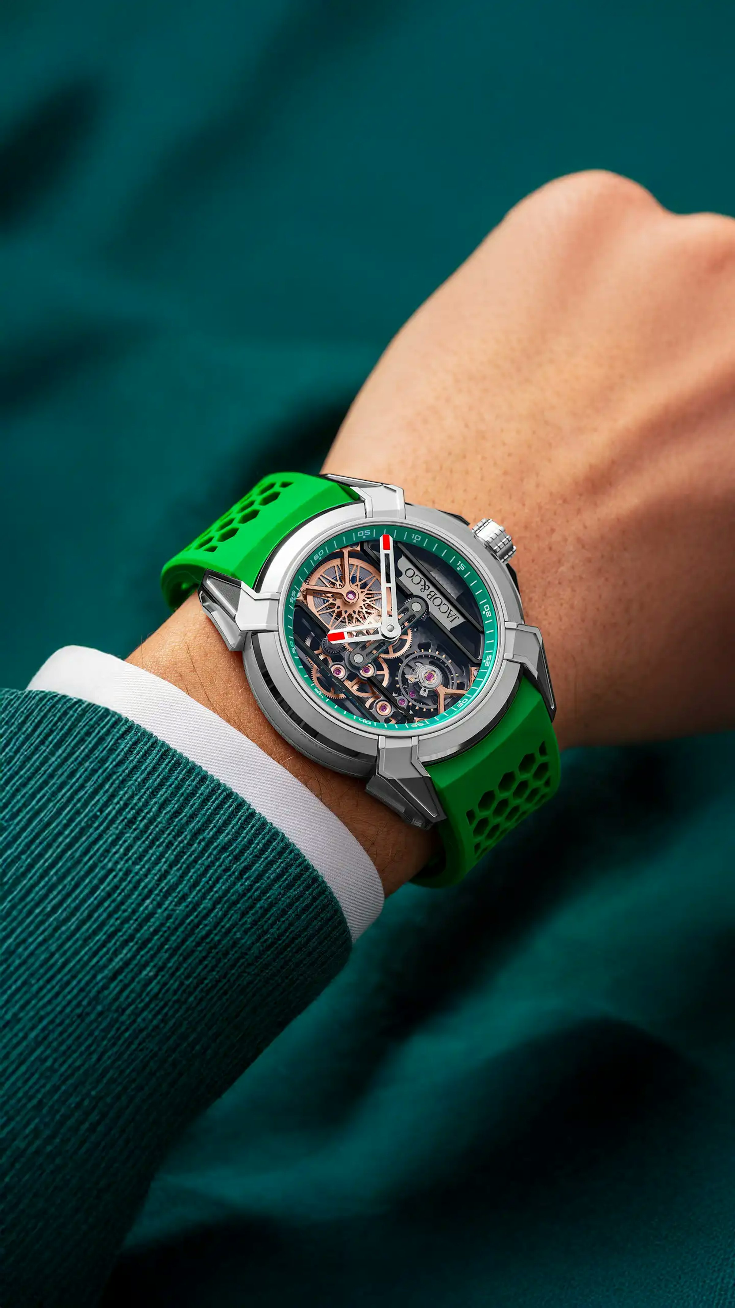 the green epic x watch, worn on the left wrist