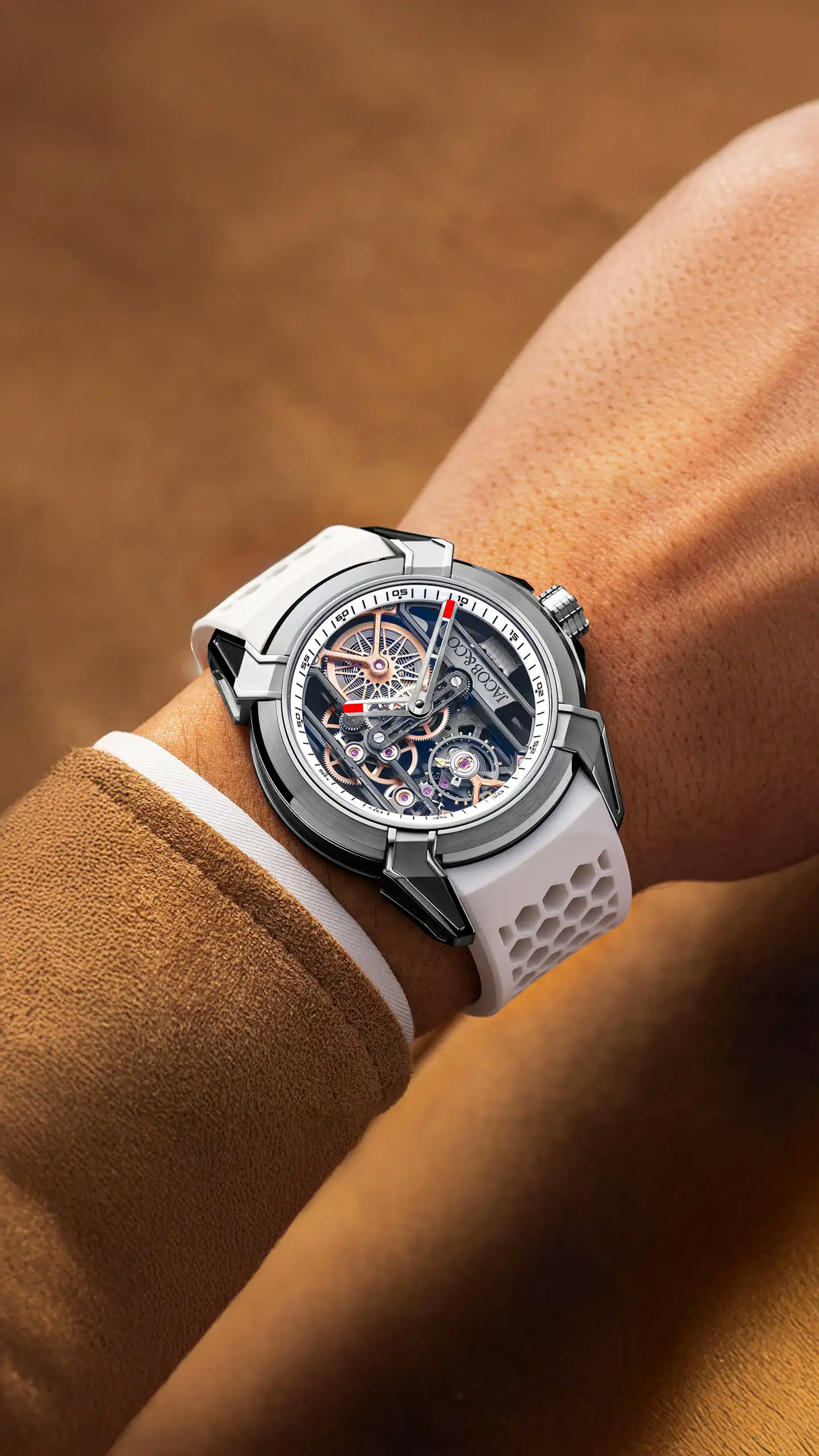 the white epic x skeleton, worn on the left wrist