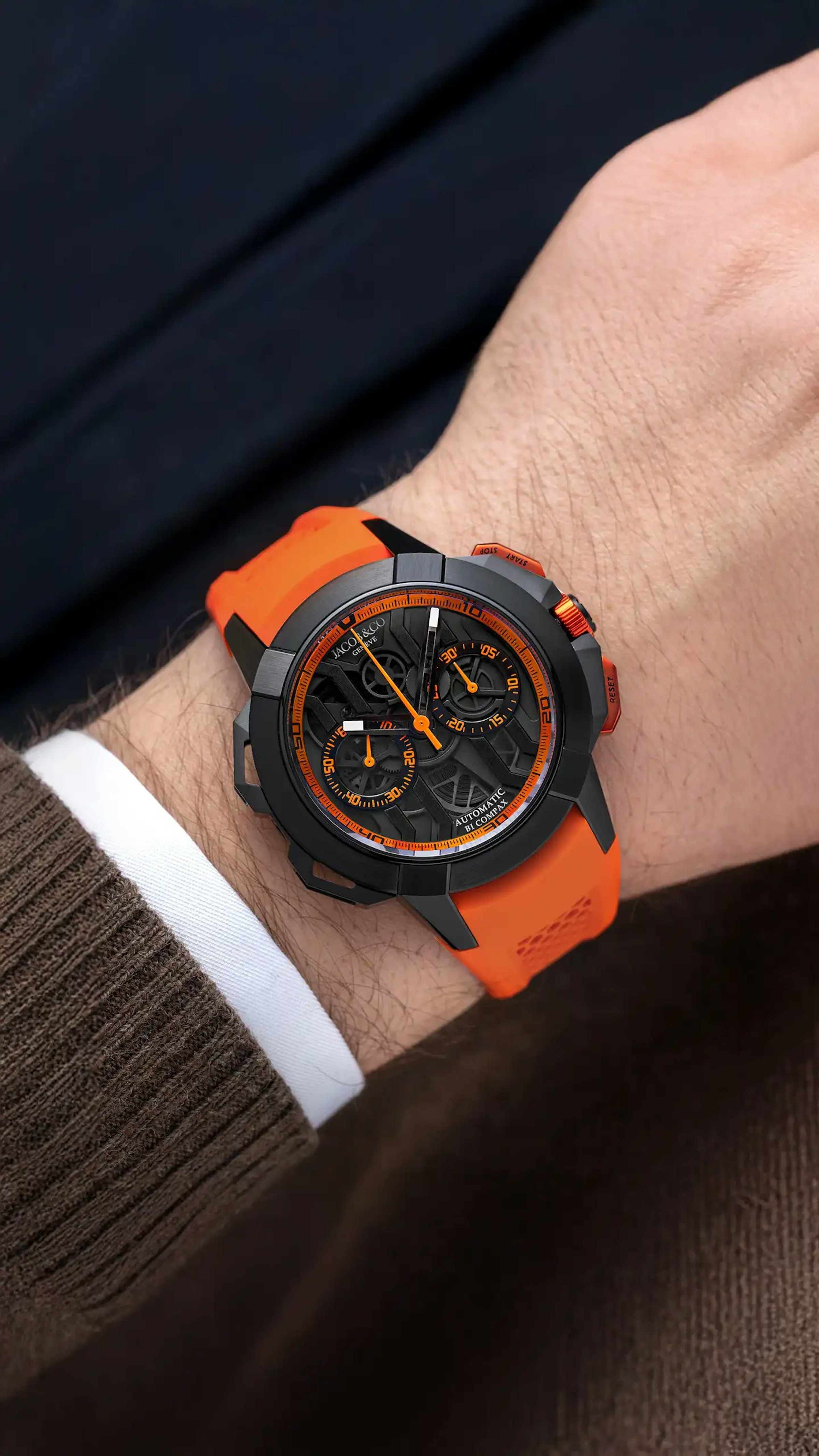 the black titanium epic x chrono 44MM, with orange accents. worn on the left wrist