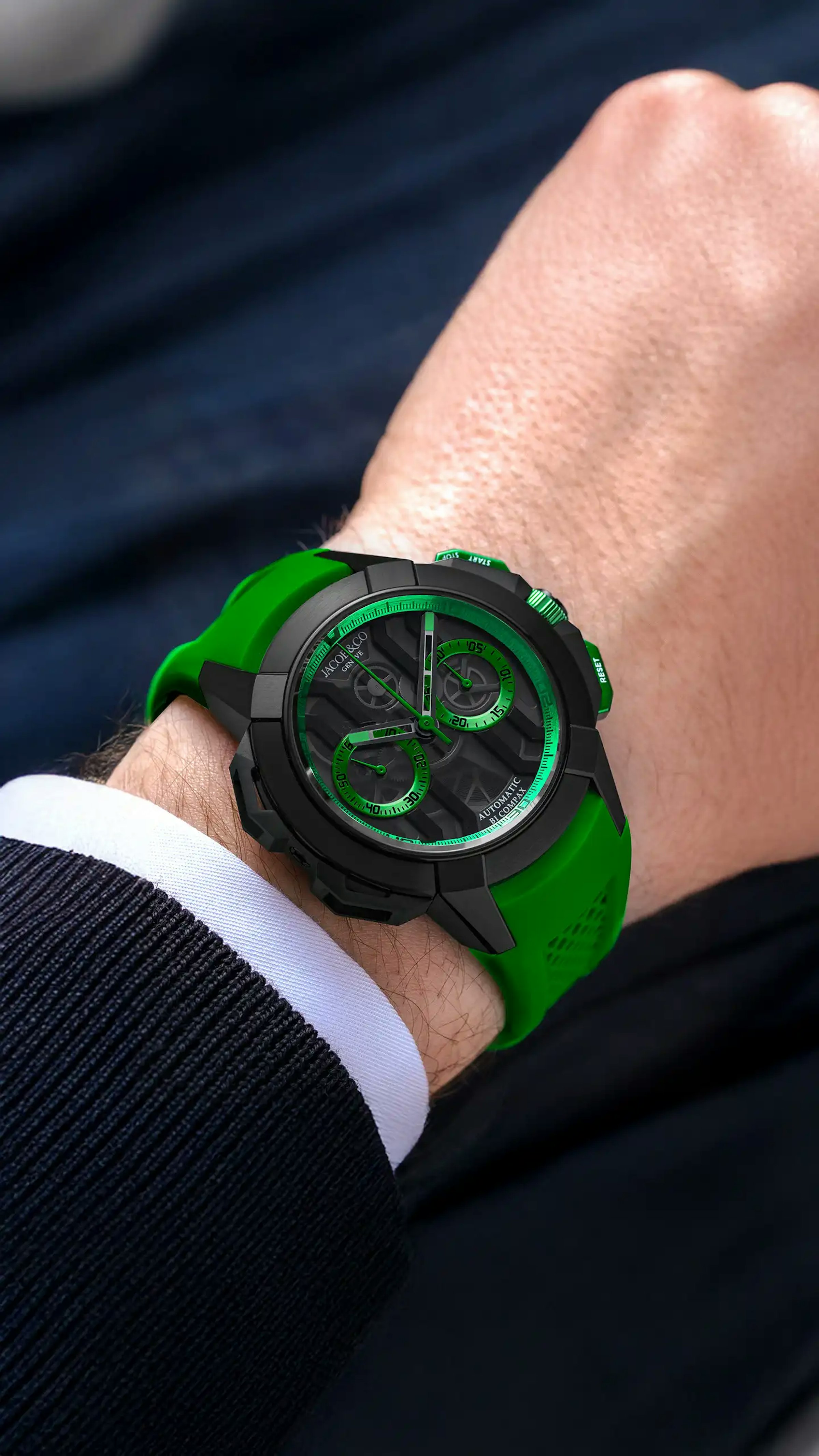 the black titanium epic x chrono 44MM, with green accents. worn on the left wrist
