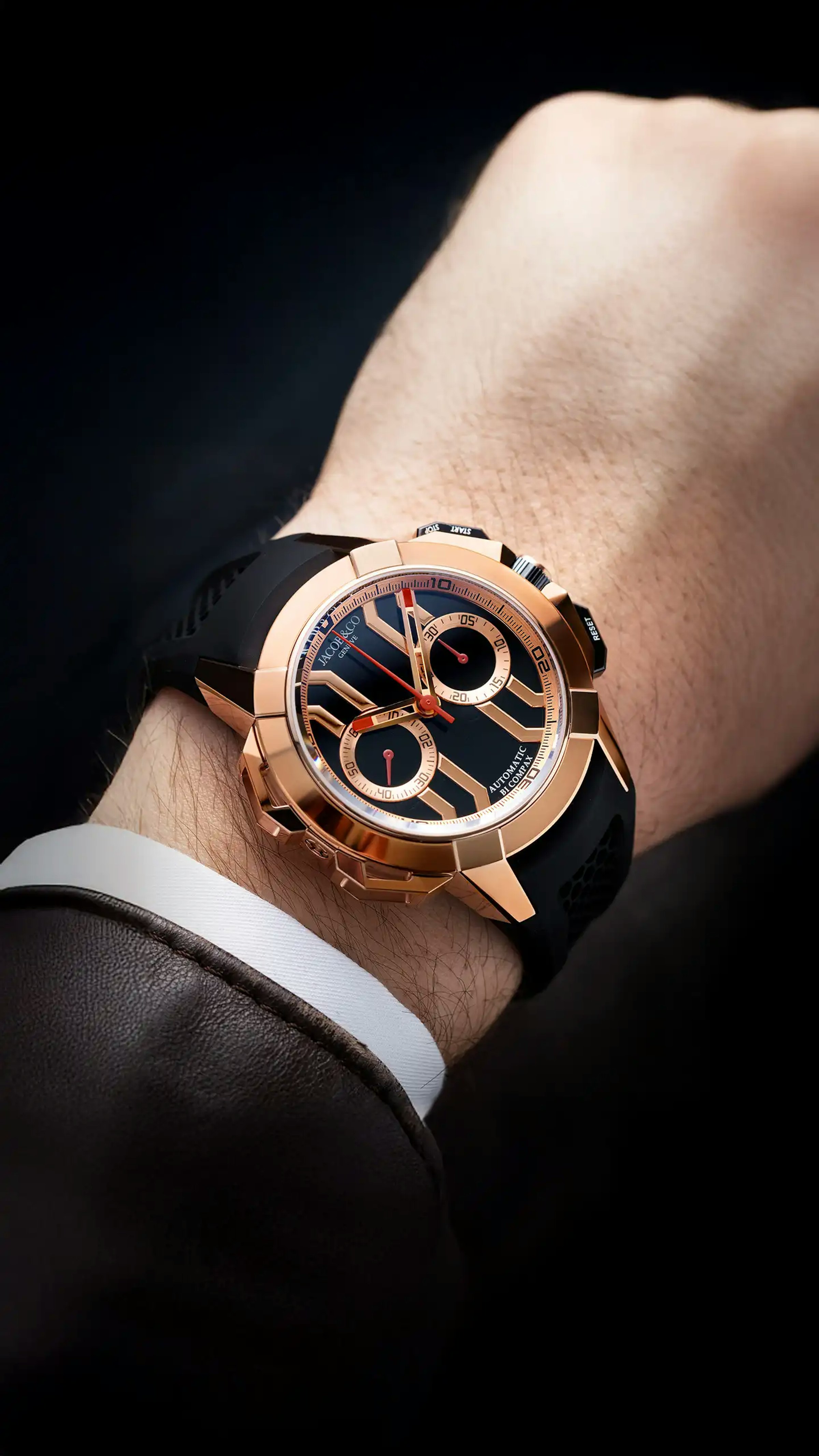 rose gold epic x chrono 44MM, worn on the left wrist