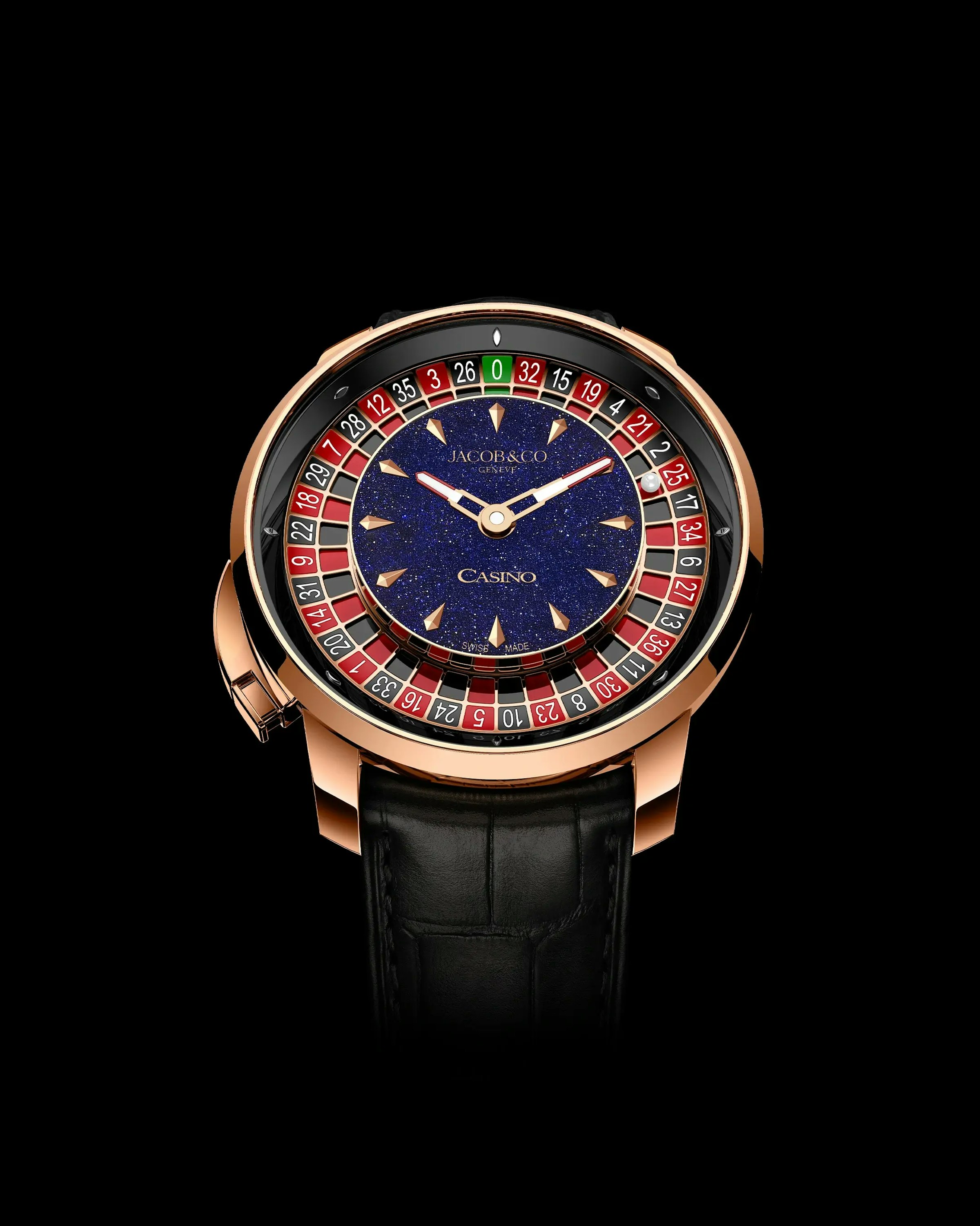 the rose gold casino watch with a blue aventurine dial.