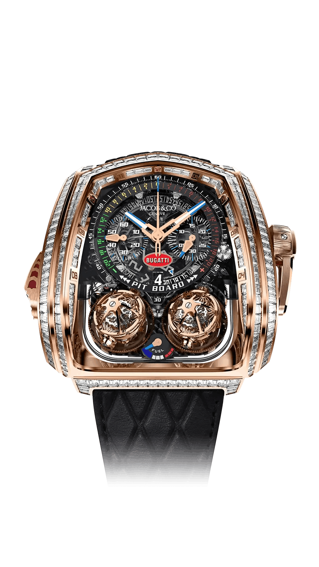 The rose gold Twin Turbo Furious Baguette, set with baguette-cut white diamonds.