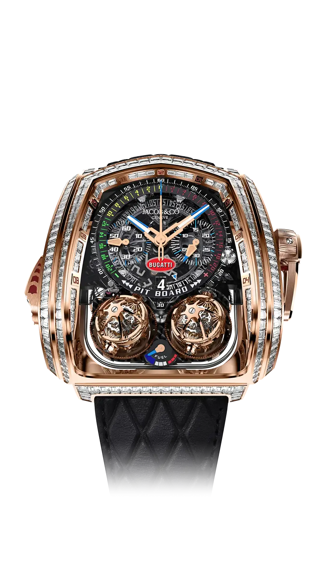 The rose gold Twin Turbo Furious Baguette, set with baguette-cut white diamonds.