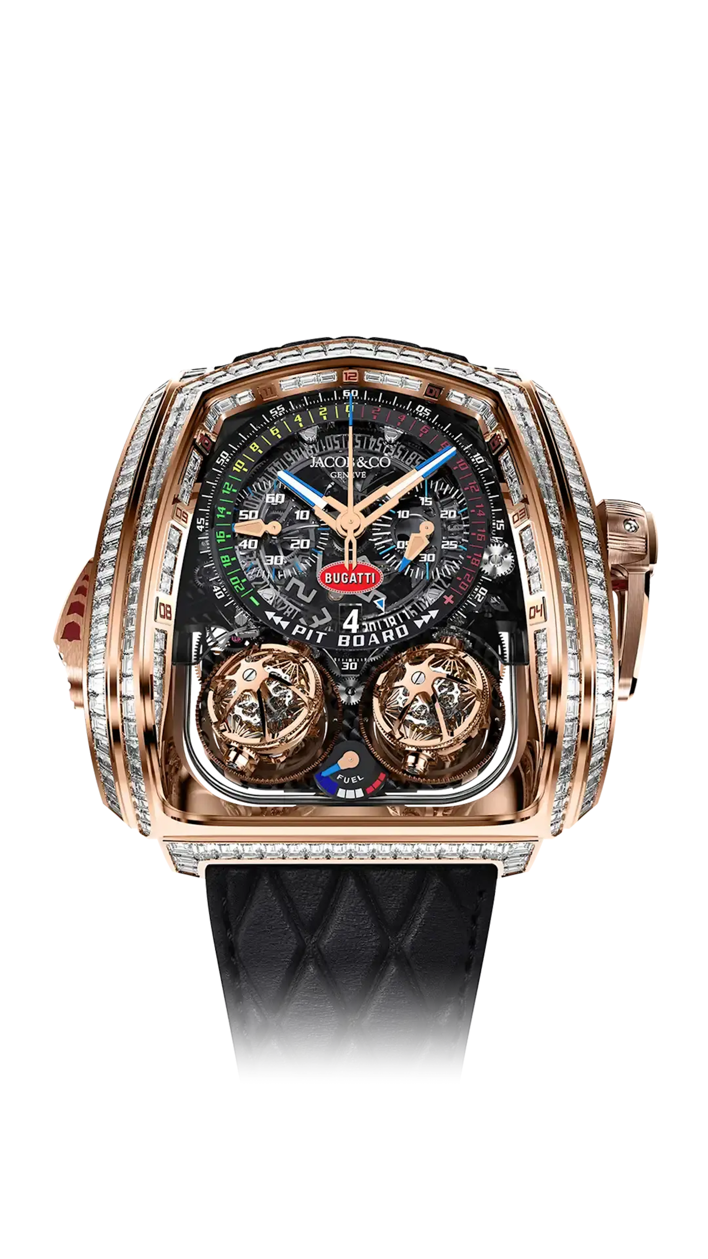 The rose gold Twin Turbo Furious Baguette, set with baguette-cut white diamonds.