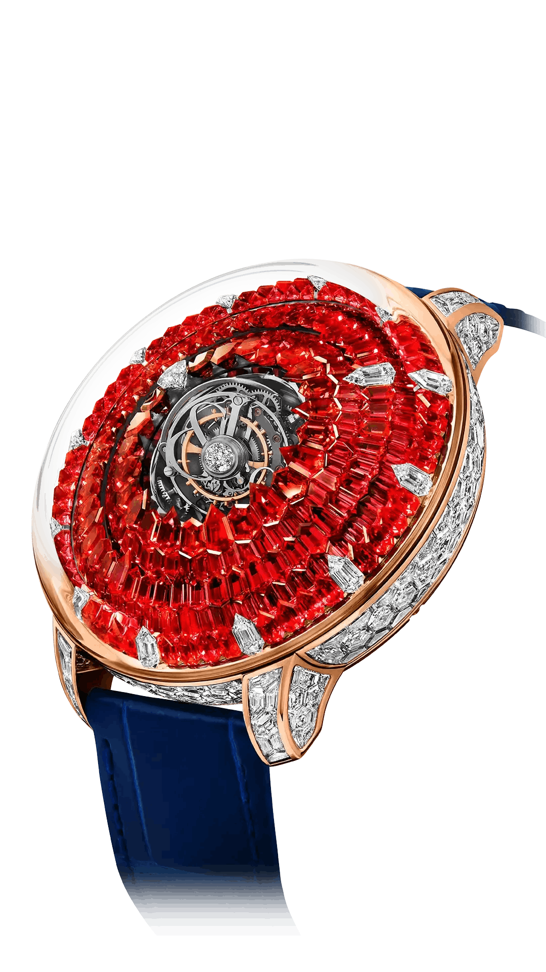 The rose gold Mystery Tourbillon, with an orange sapphire "dial", white diamond hands, and white diamond hour markers.