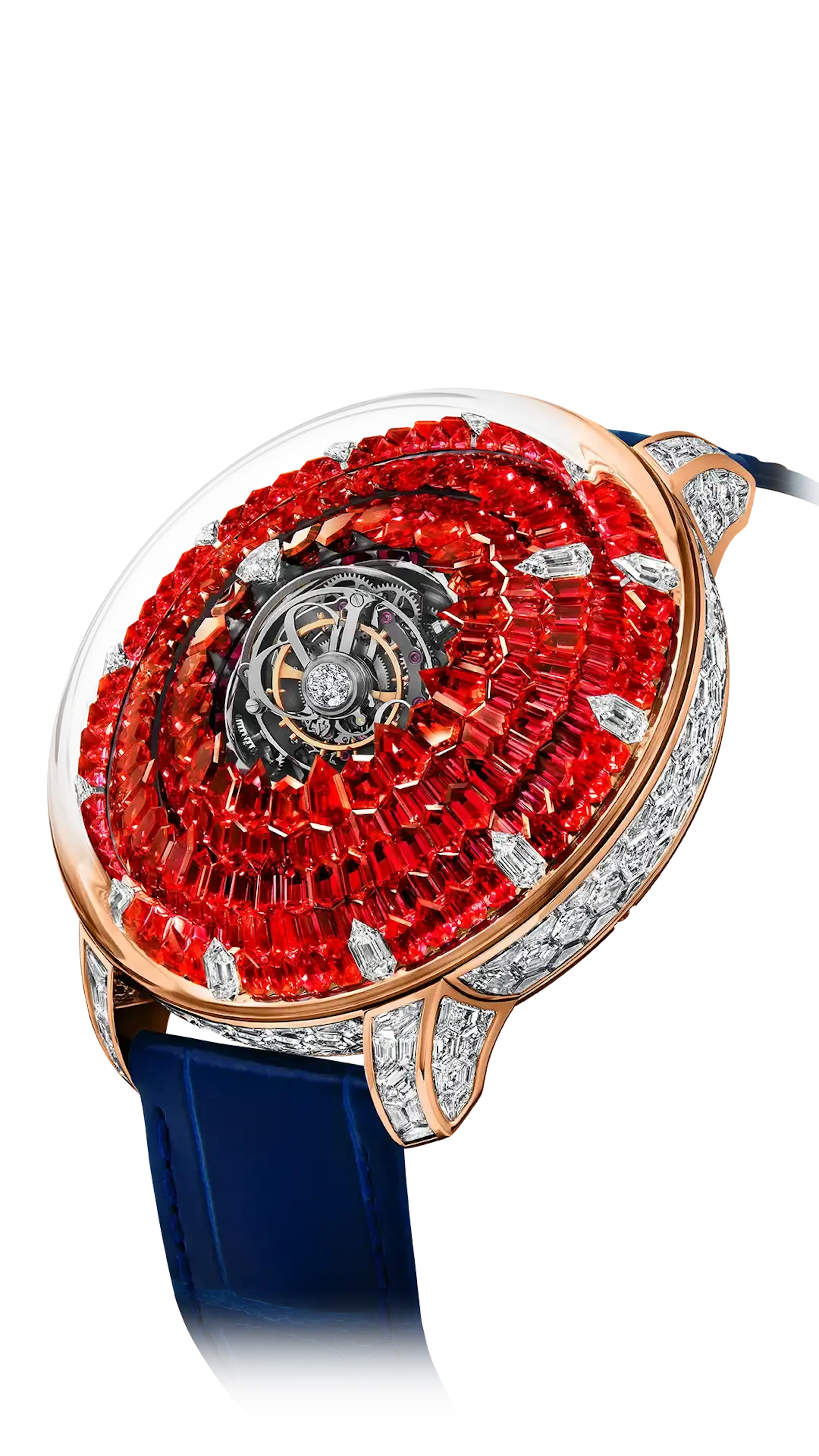 The rose gold Mystery Tourbillon, with an orange sapphire "dial", white diamond hands, and white diamond hour markers.