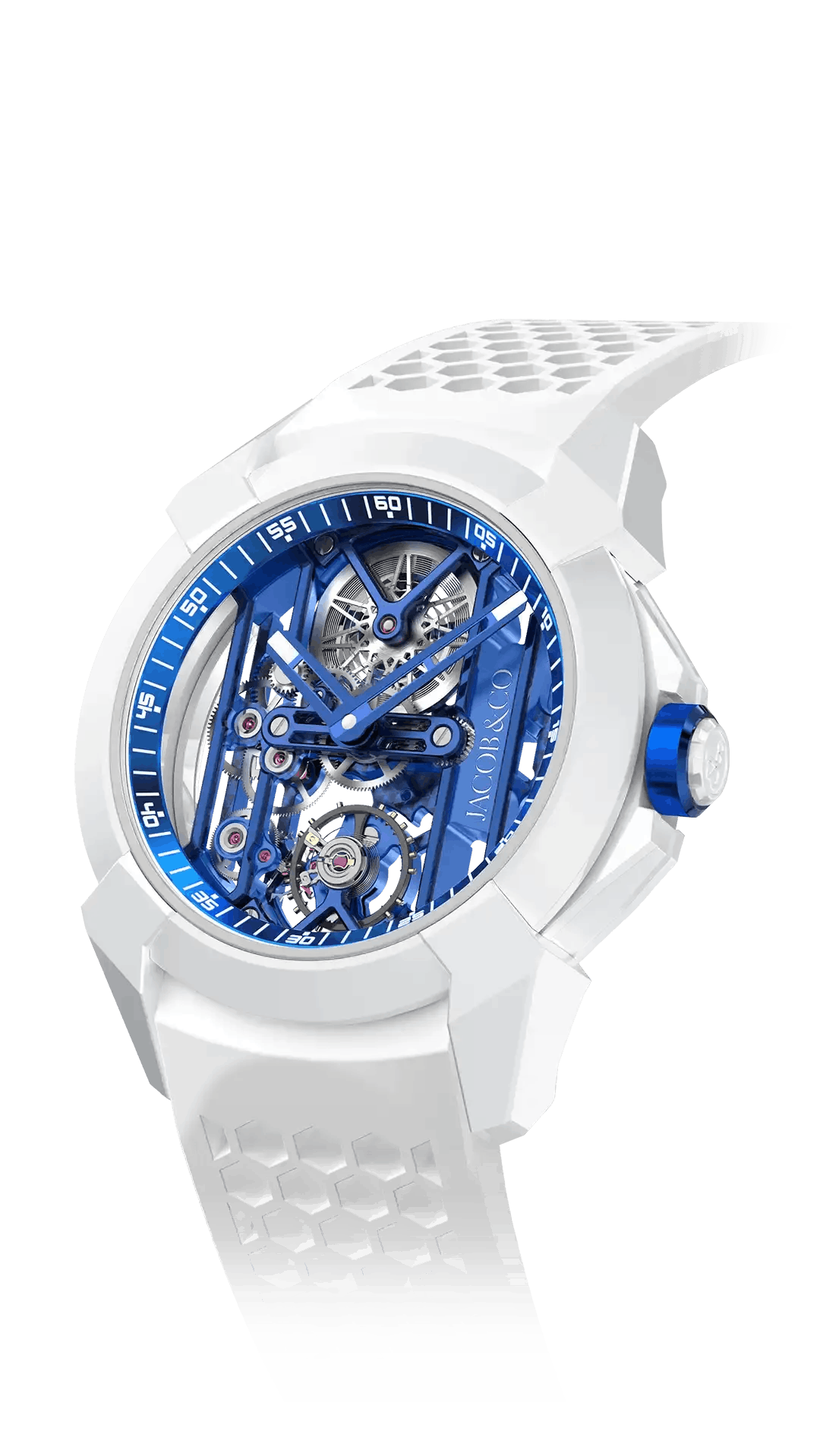 The white Epic X Ceramic, with a blue skeletonized  dial and blue accents