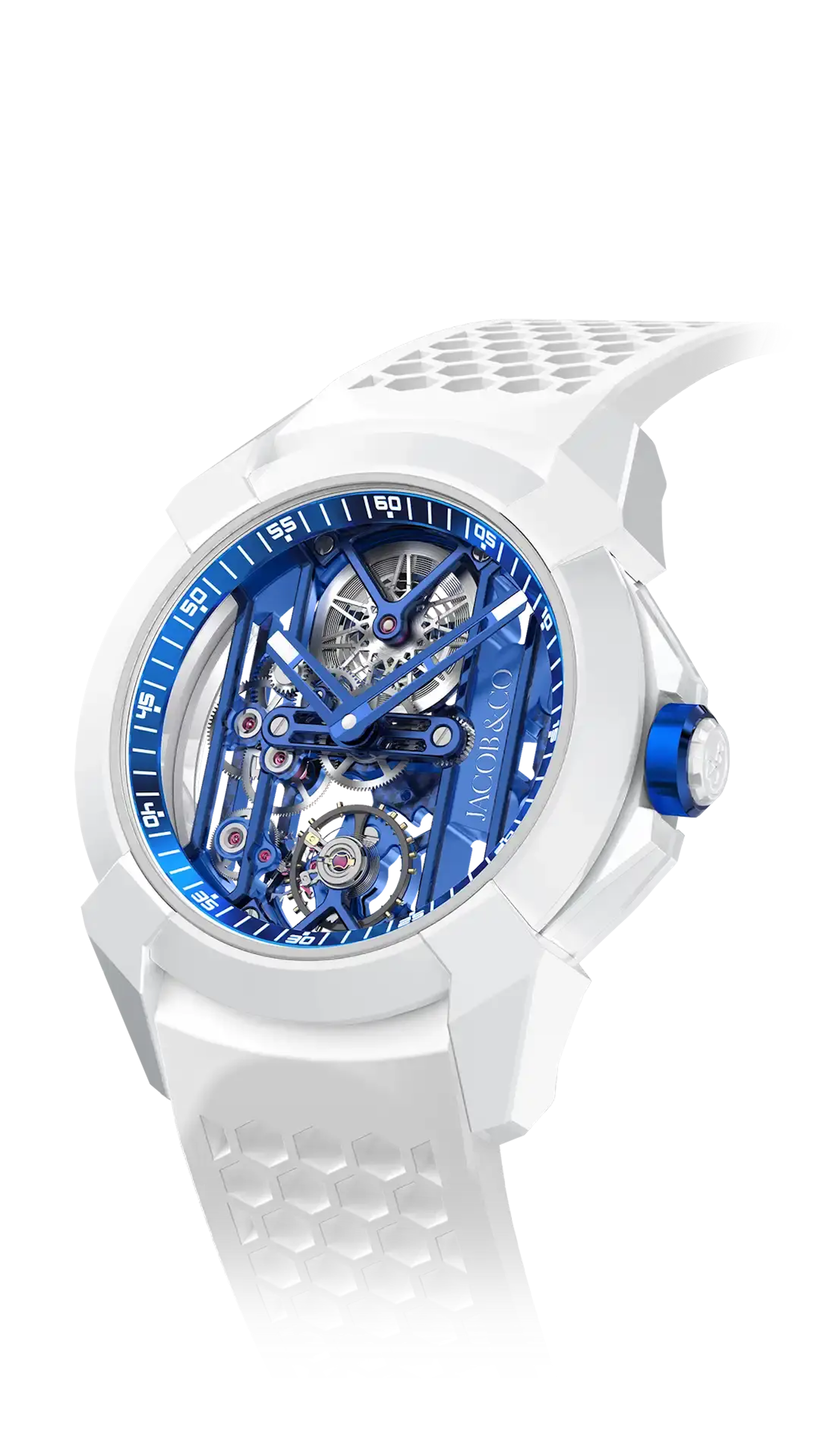 The white Epic X Ceramic, with a blue skeletonized  dial and blue accents