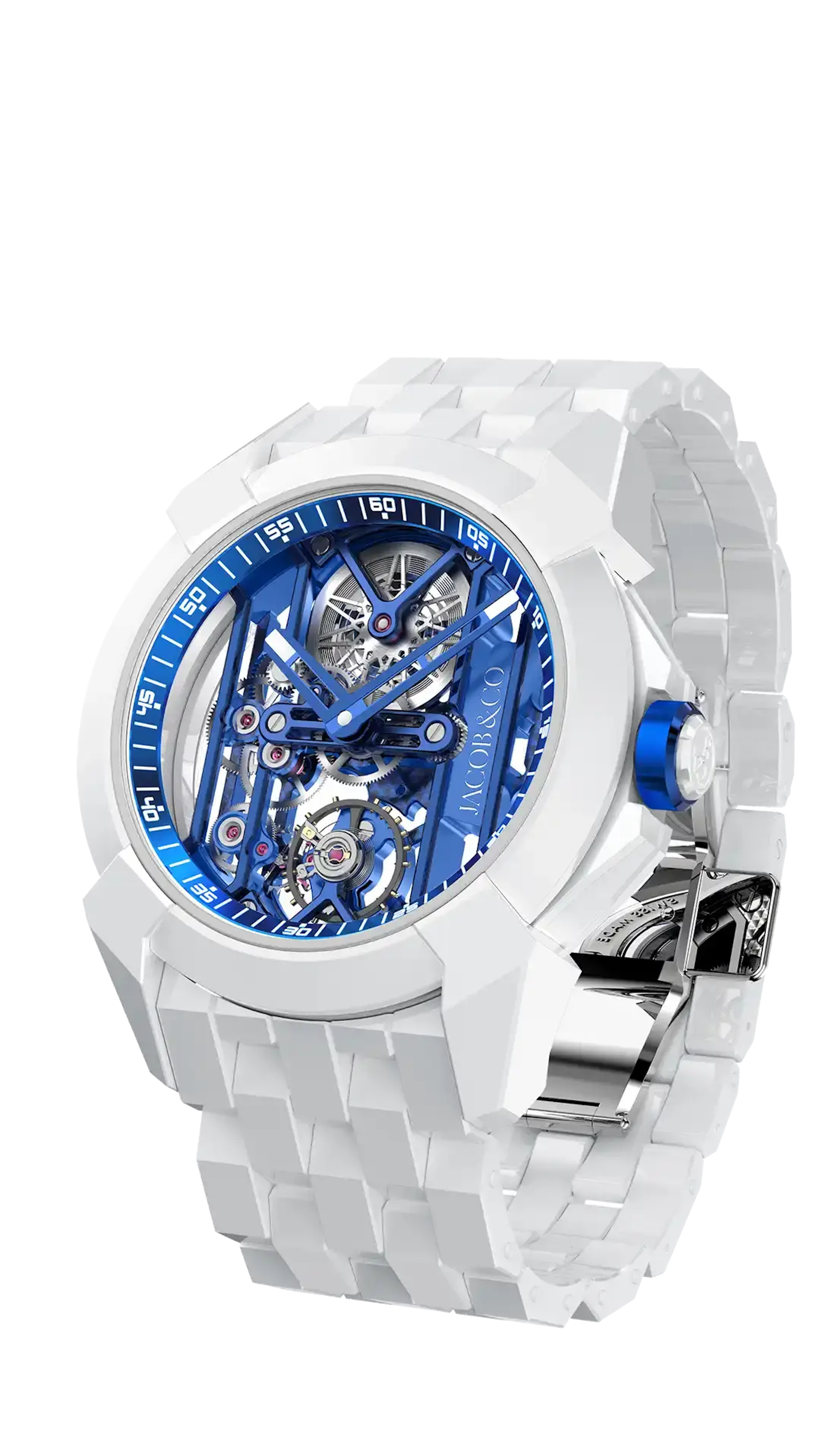 The white Epic X Ceramic, with a blue skeletonized  dial and blue accents in ceramic bracelet