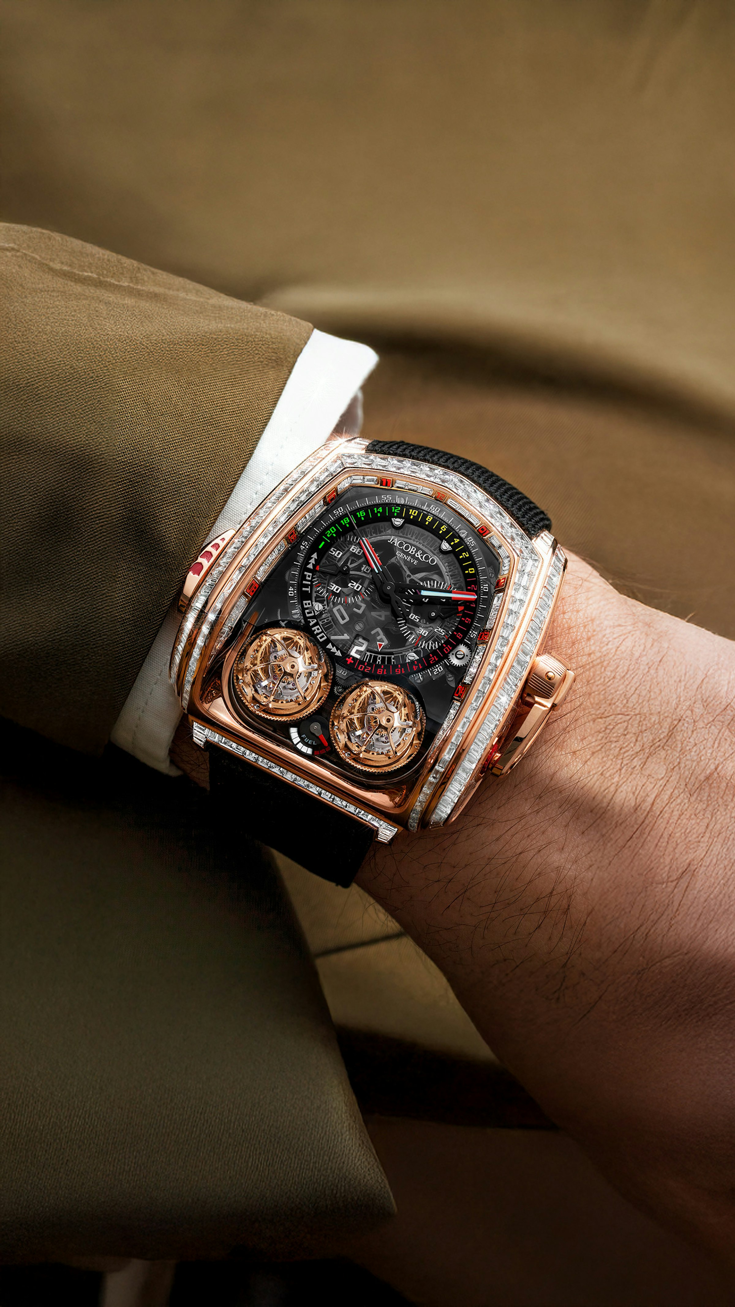 the twin turbo furious baguette in rose gold, worn on the left wrist.